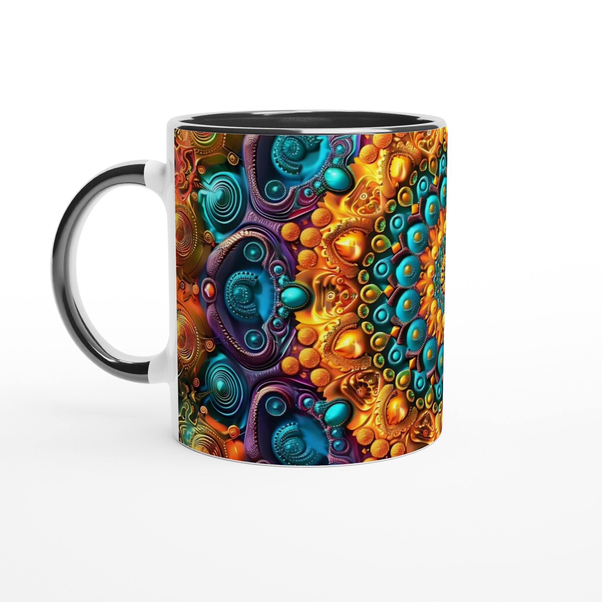 Mångfärgad Hypnotisk Mandala 11oz Keramisk Mugg – Geometrisk Konst i Strålande Guld & Turkos 4 949b772a-9db7-4328-8df9-000c9377a389