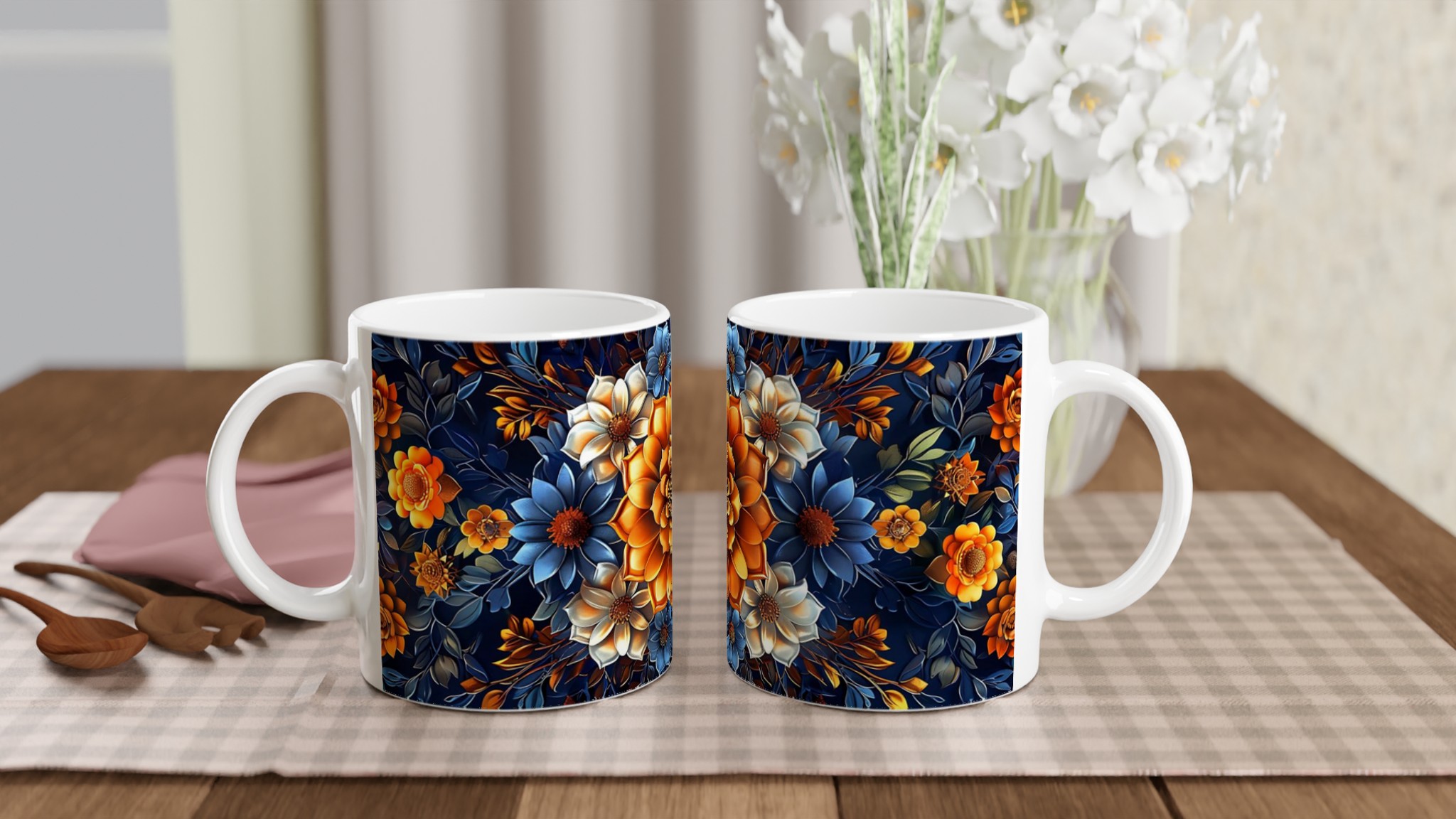 Lyxig Blomstermugg 11oz – Eleganta Orange, Blå & Vita Blommor på Mörk Bakgrund 10 94fdb14b-3fea-402e-8175-4f53289cdf43