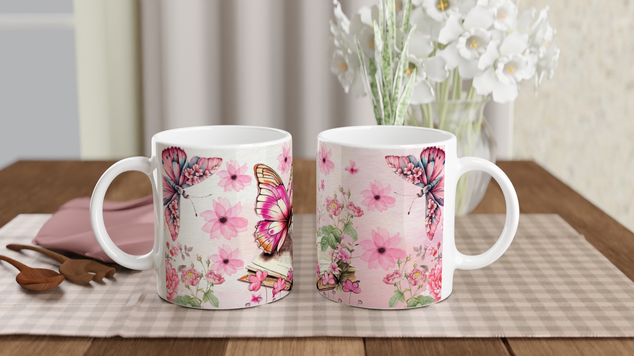 Vit 11oz keramisk mugg med blomstrande fjärilsmotiv – välj bland flera färgstarka keramiska nyanser 10 959e2d77-3546-404d-85c3-923729311b94