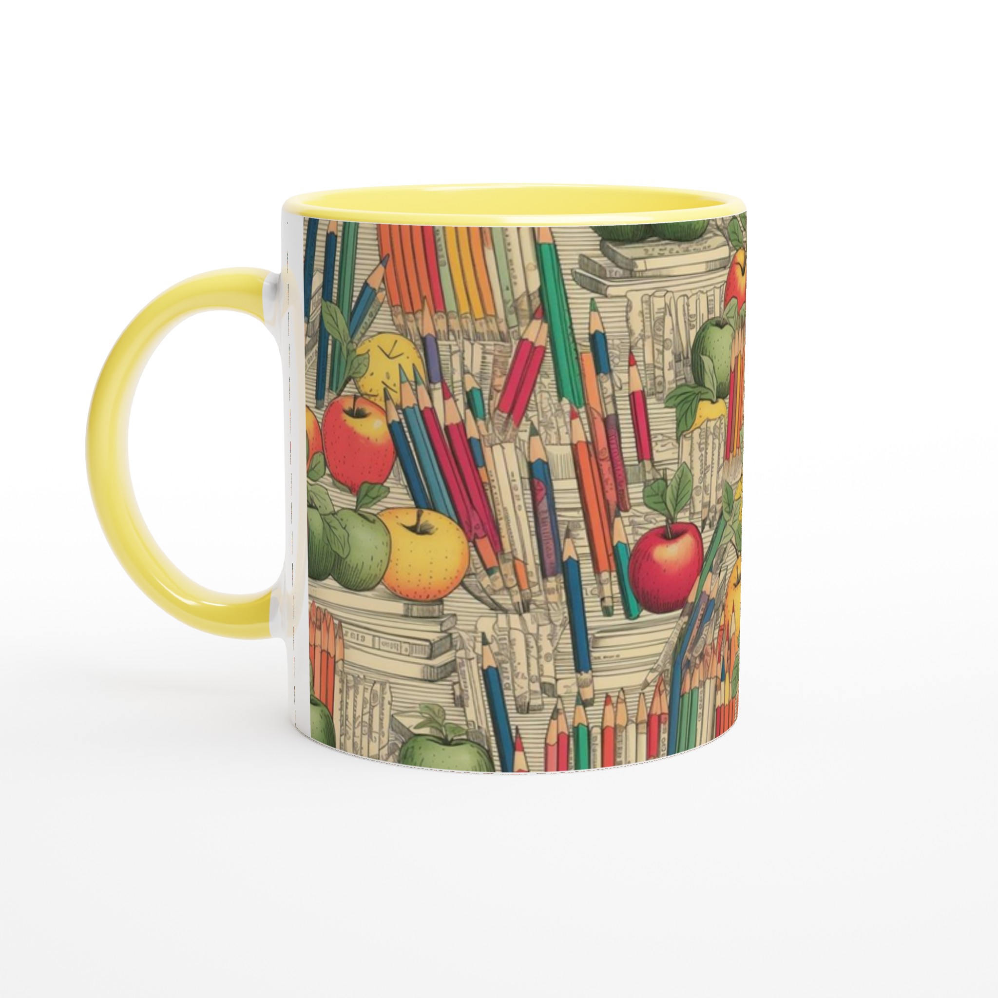 Vit 11oz keramisk mugg med färgglad bok- och äppelmönster i valfri keramikfärg 3 95afc0b9-0495-4c1b-b93e-7bb98621eb74