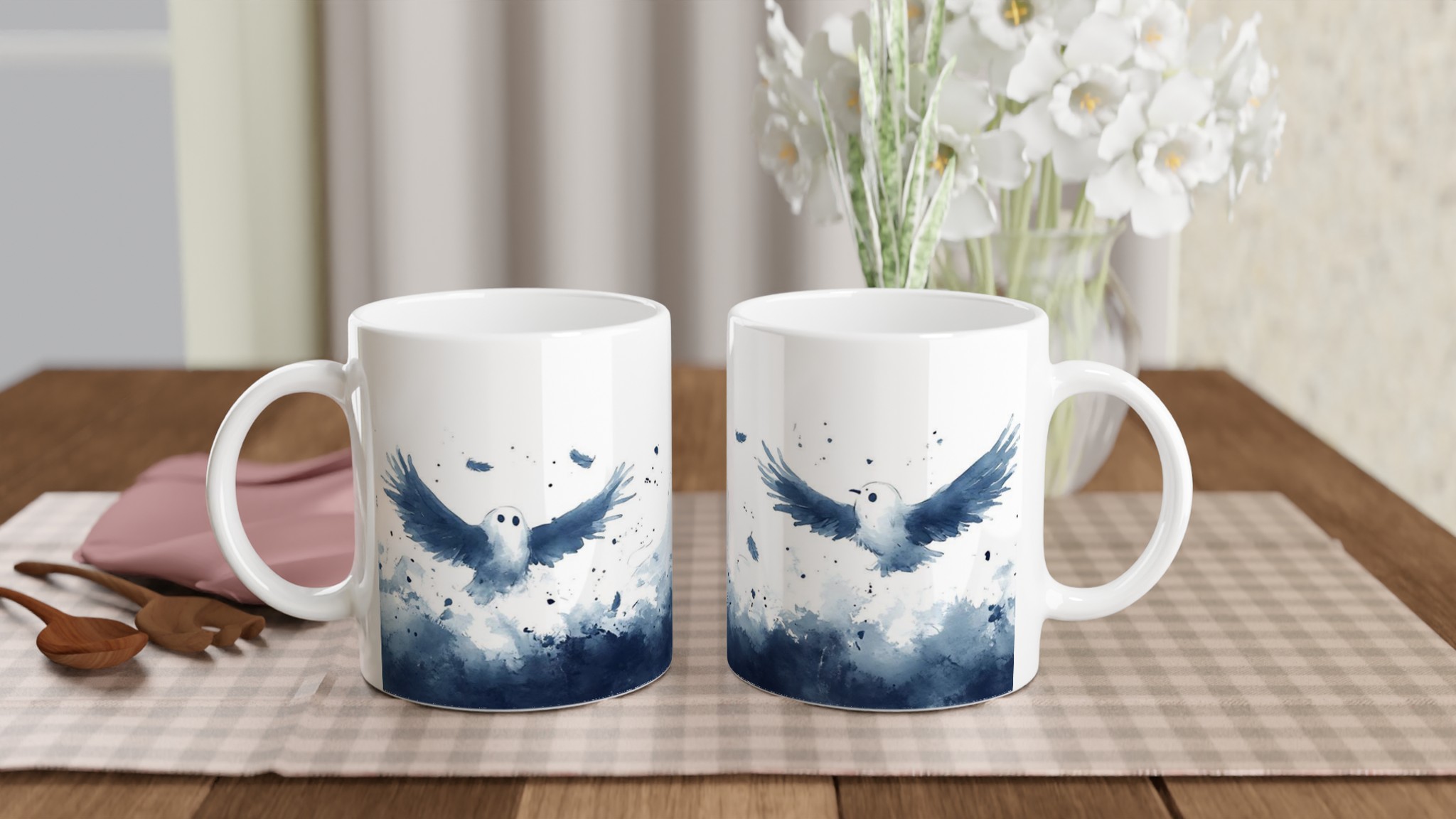 Spöklika Vänner Mugg – Akvarell Design, Charmiga Spöken och Fåglar i Dimblått – 11 oz Keramikmugg 10 95f13f99-cacb-4d52-b148-4c2be33d52b8