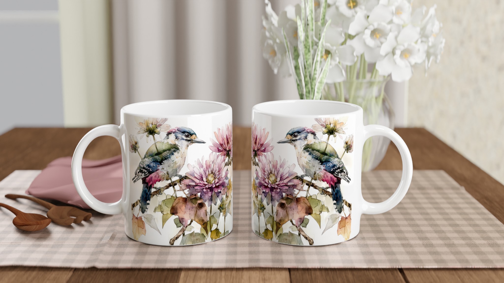 Vit 11oz keramisk mugg med akvarellinspirerat fågel- och blommotiv i flera vackra färger 10 971824a0-c655-48da-bd97-5f91165bc55b