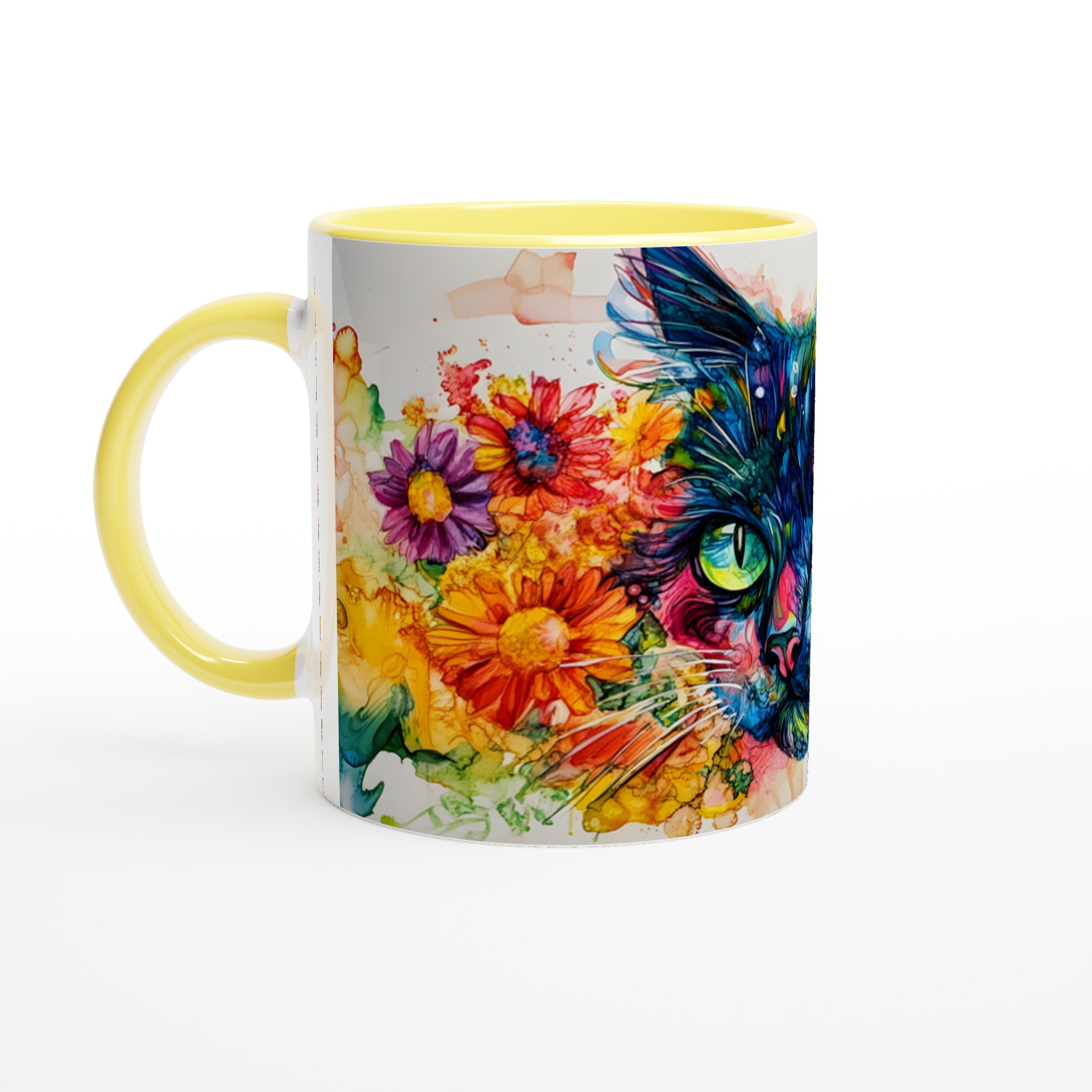 Vit 11oz keramisk mugg med färgstark katt och blomsterdesign i blå, gul och röd 3 976f58e7-a2b0-444c-9567-87dd45e57c87