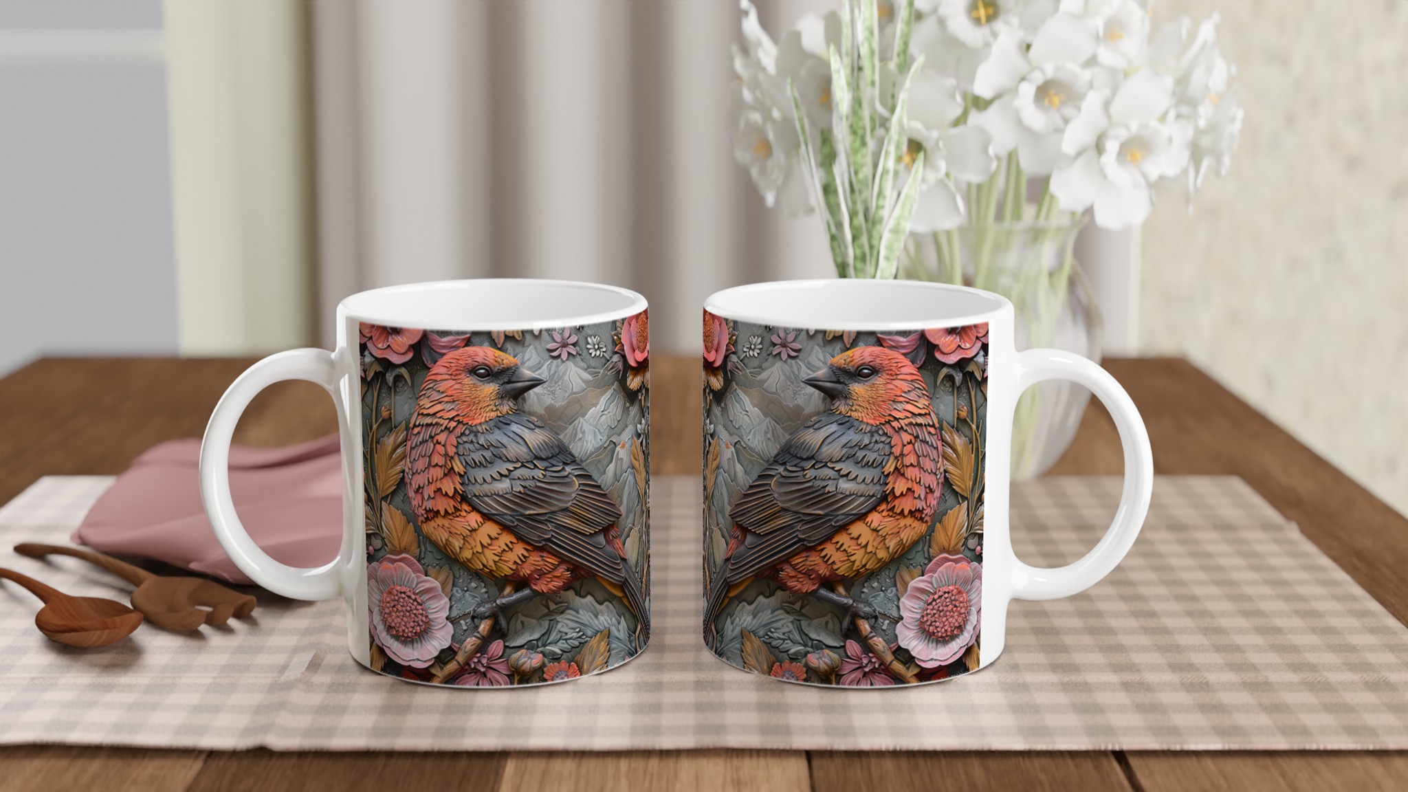 Vit 11oz keramisk mugg med elegant fågel- och blommotiv – välj bland sju charmiga färger 10 981f939e-c563-4f58-b89b-7f8a22496d5b