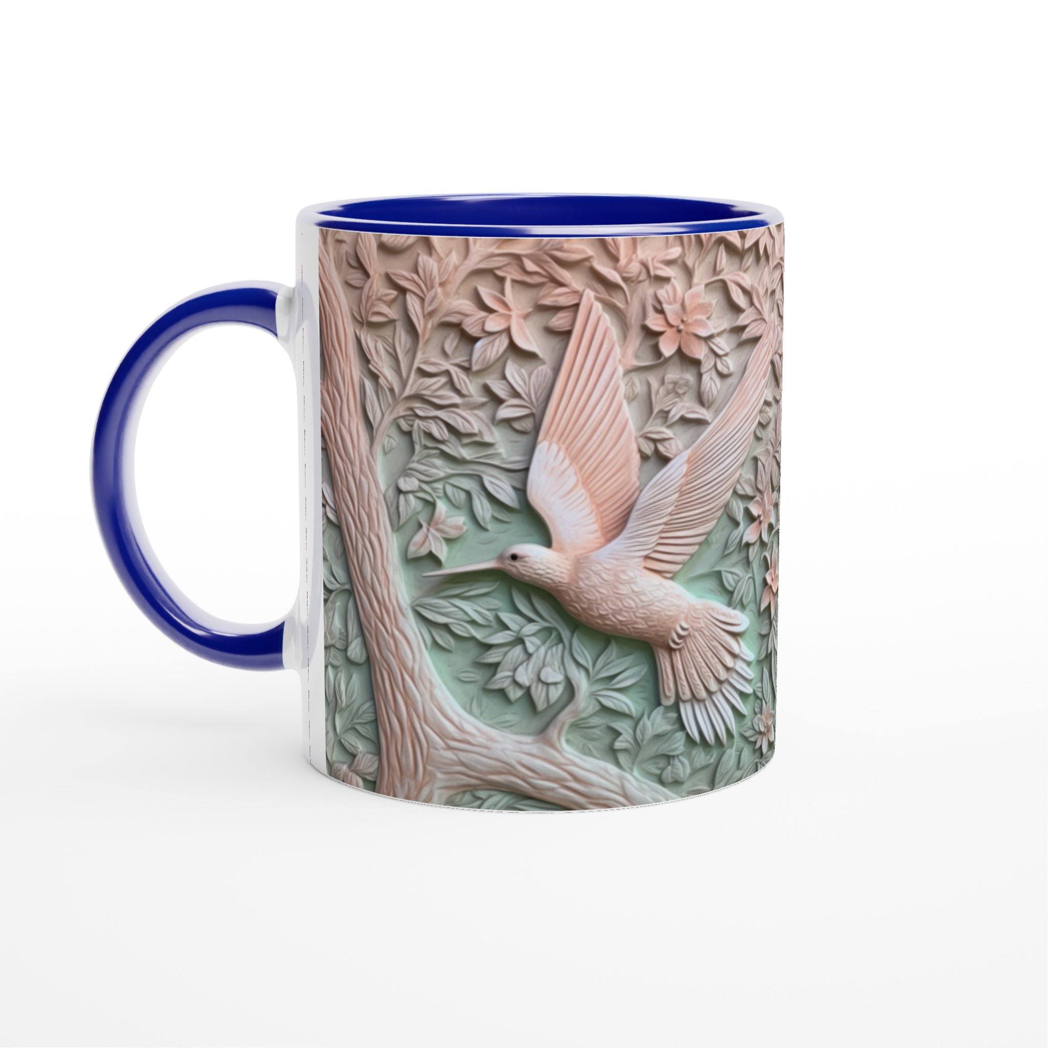 Vit 11oz keramisk mugg med elegant kolibri- och blommönster i mjuka pastellnyanser 2 99021b59-2b1c-40e0-a4aa-292a25d3c157