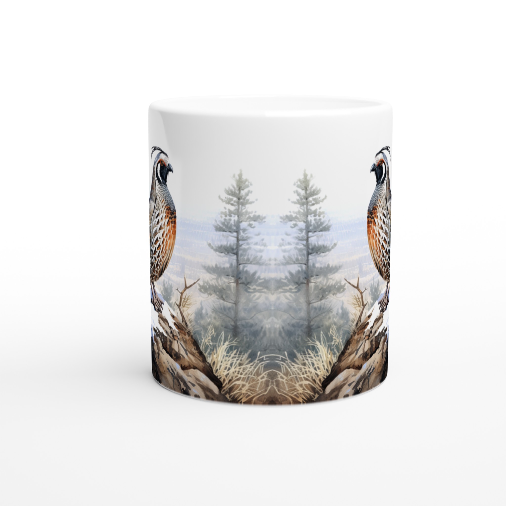 Vit 11oz keramisk mugg med elegant vildfågelmotiv i naturskön palett – välj din favoritfärg 8 993f08db-d80b-49cd-bf76-8aa6da50cc80