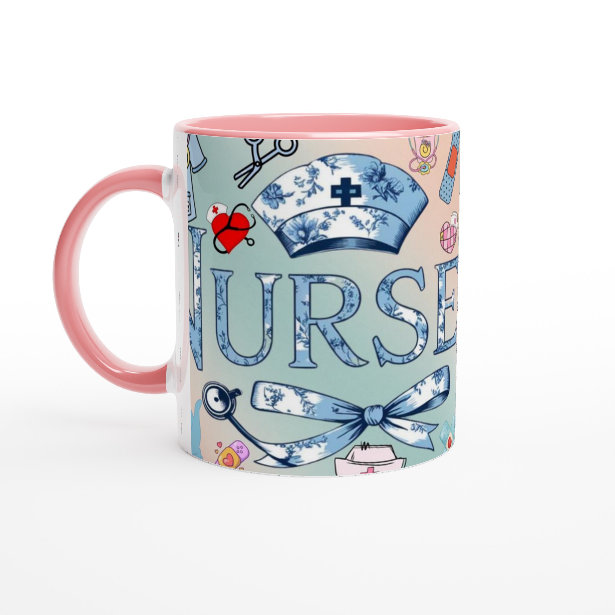 Vit 11oz keramisk mugg med vintage sjuksköterskedetaljer i mjuka blå nyanser 6 9a84c13d-8022-4e6e-8628-25a37162068a