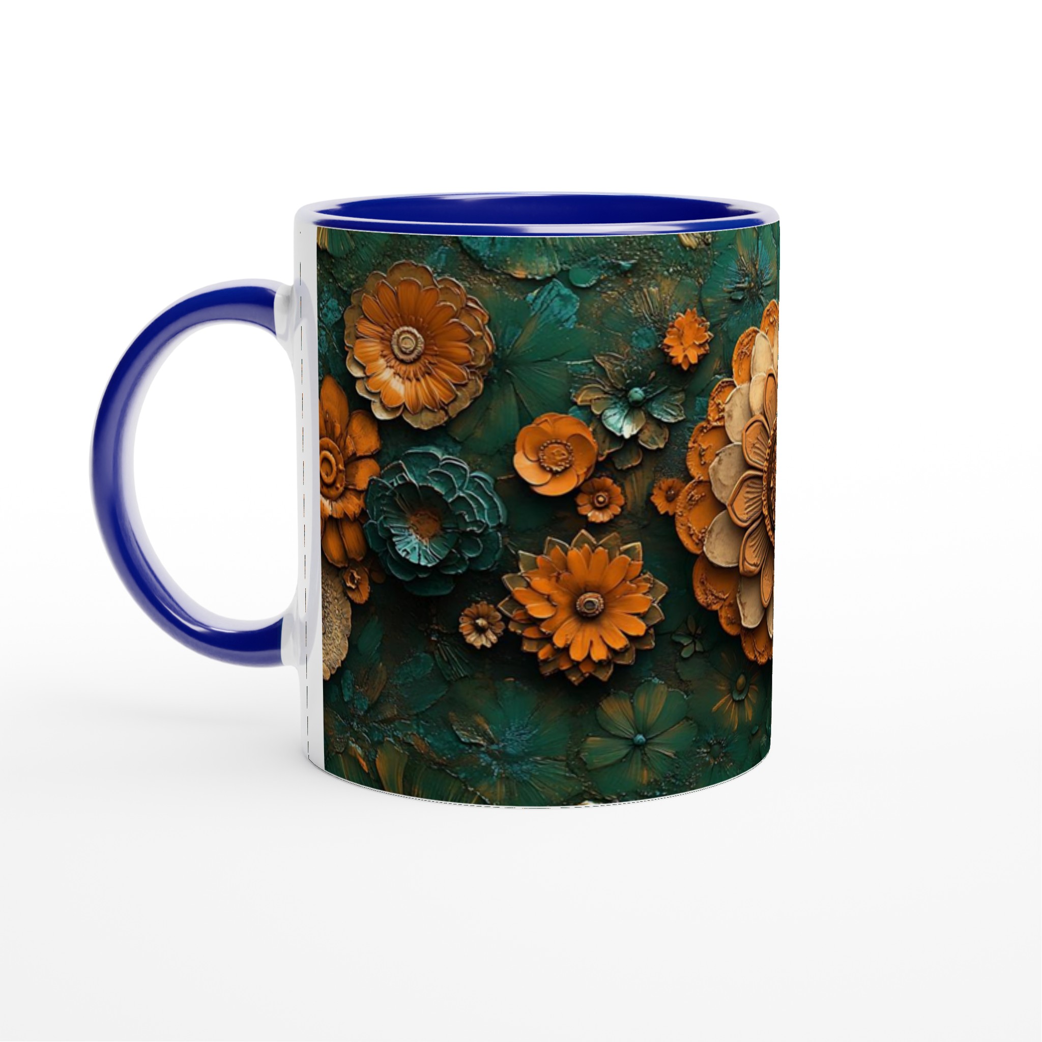 Mönstrad 11oz Keramisk Mugg - Blommönster i Bränd Orange och Teal 2 9b337bfb-d223-41f3-8bf3-ae2645206405