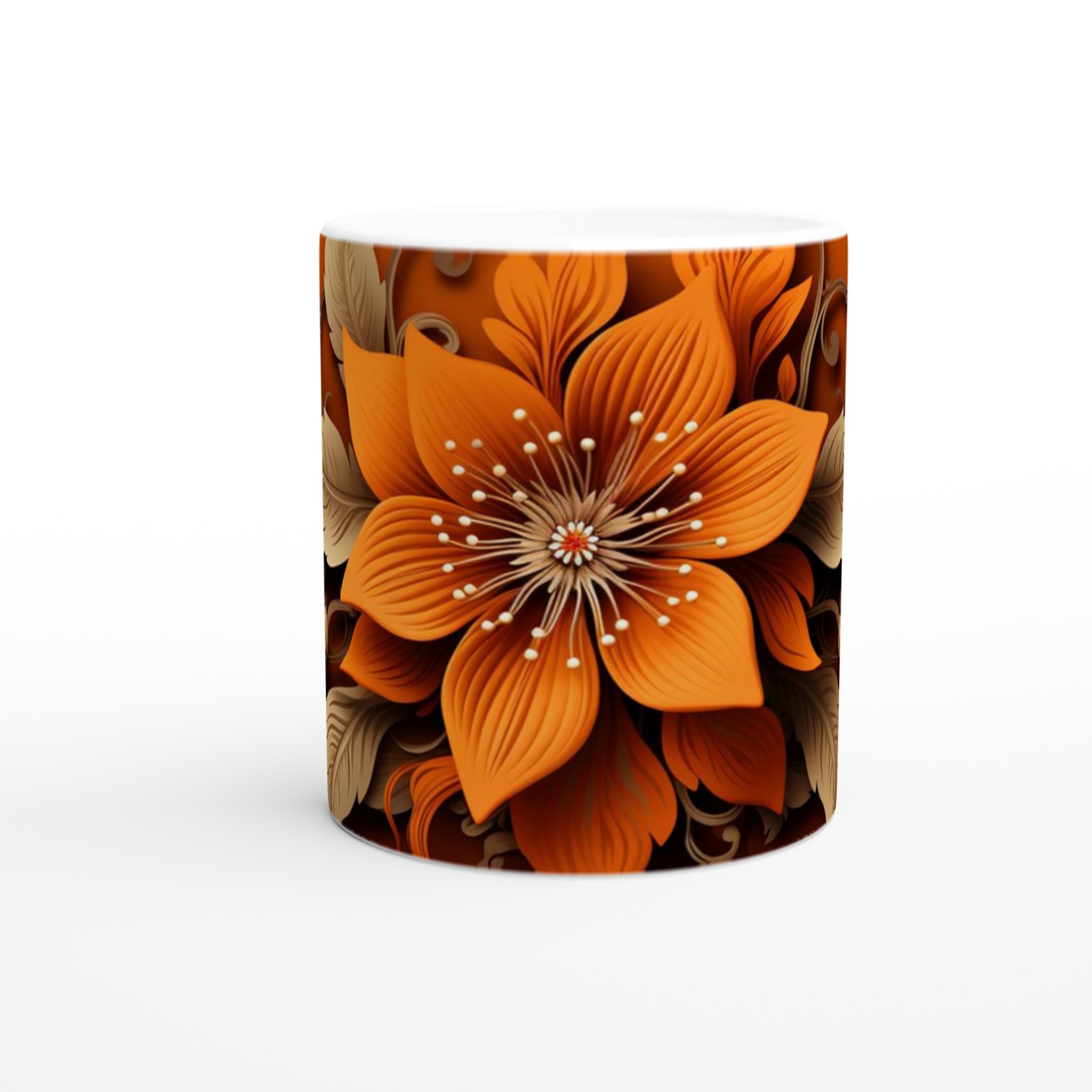Vit 11oz keramisk mugg med sofistikerat blomstertryck i varm orange och beige 8 9c2f3dff-908a-44f2-a386-985b2256e7c5