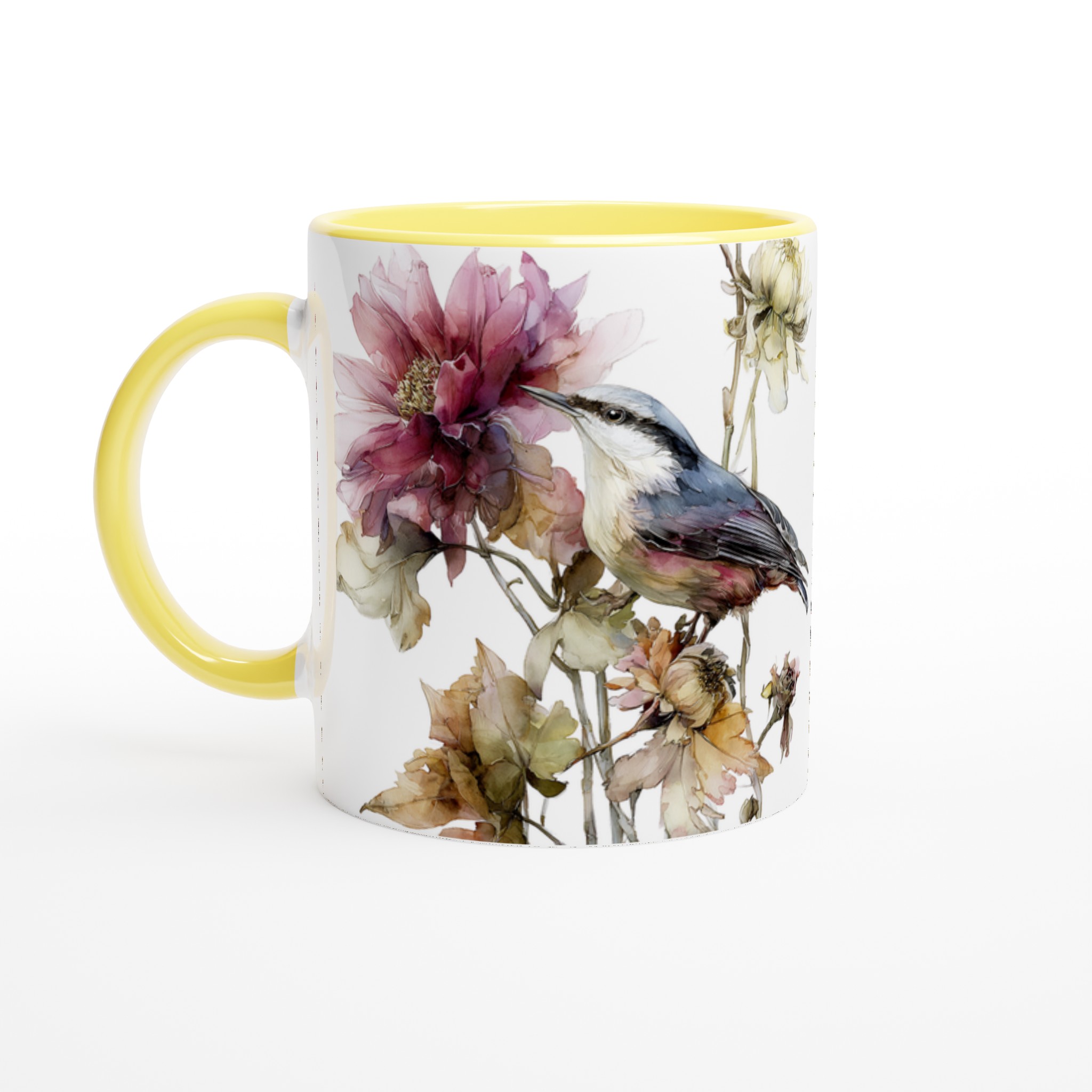 Vit 11oz keramikmugg med elegant fågel- och blomsterdesign – välj bland sju färgstarka nyanser 3 9c3204e2-085c-4312-9414-95a9f22d0483