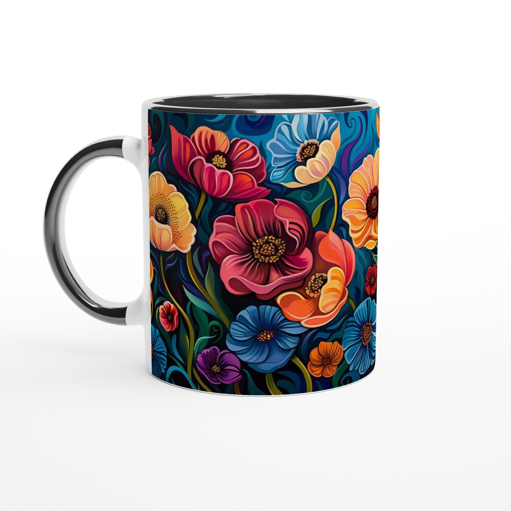 Abstrakt Blomster Keramikmugg – Konstnärlig Kaffemugg med Färgstarka Blommor och Virvlar i Ditt Val av Färg 4 9c48d8cb-87af-4da9-88a7-9788cc109558