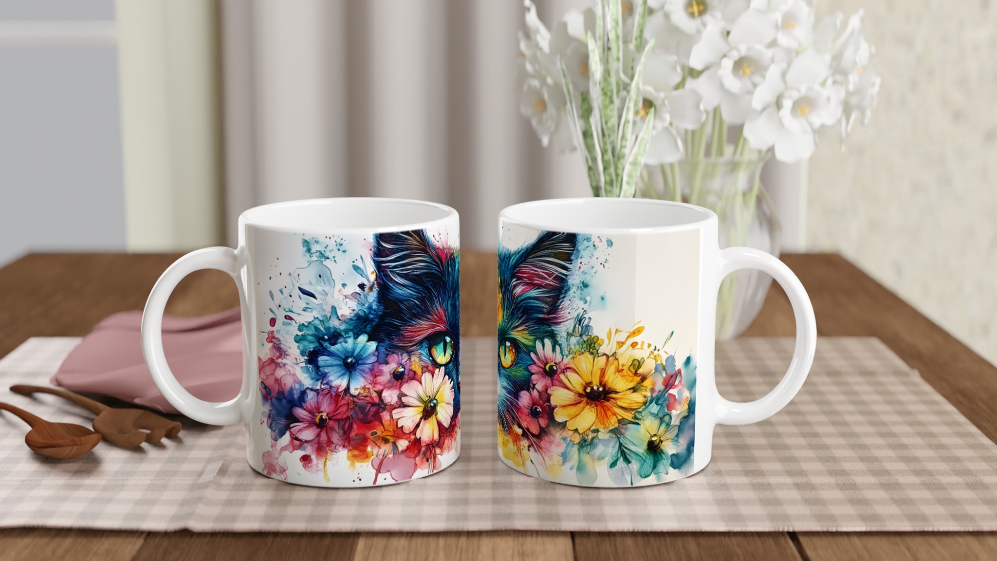 Färgsprakande Katt & Blommor Keramisk Mugg – Konstnärlig Akvarell 11oz Kaffekopp 10 9c8ca249-c3da-47f1-bb05-2640ec26e004