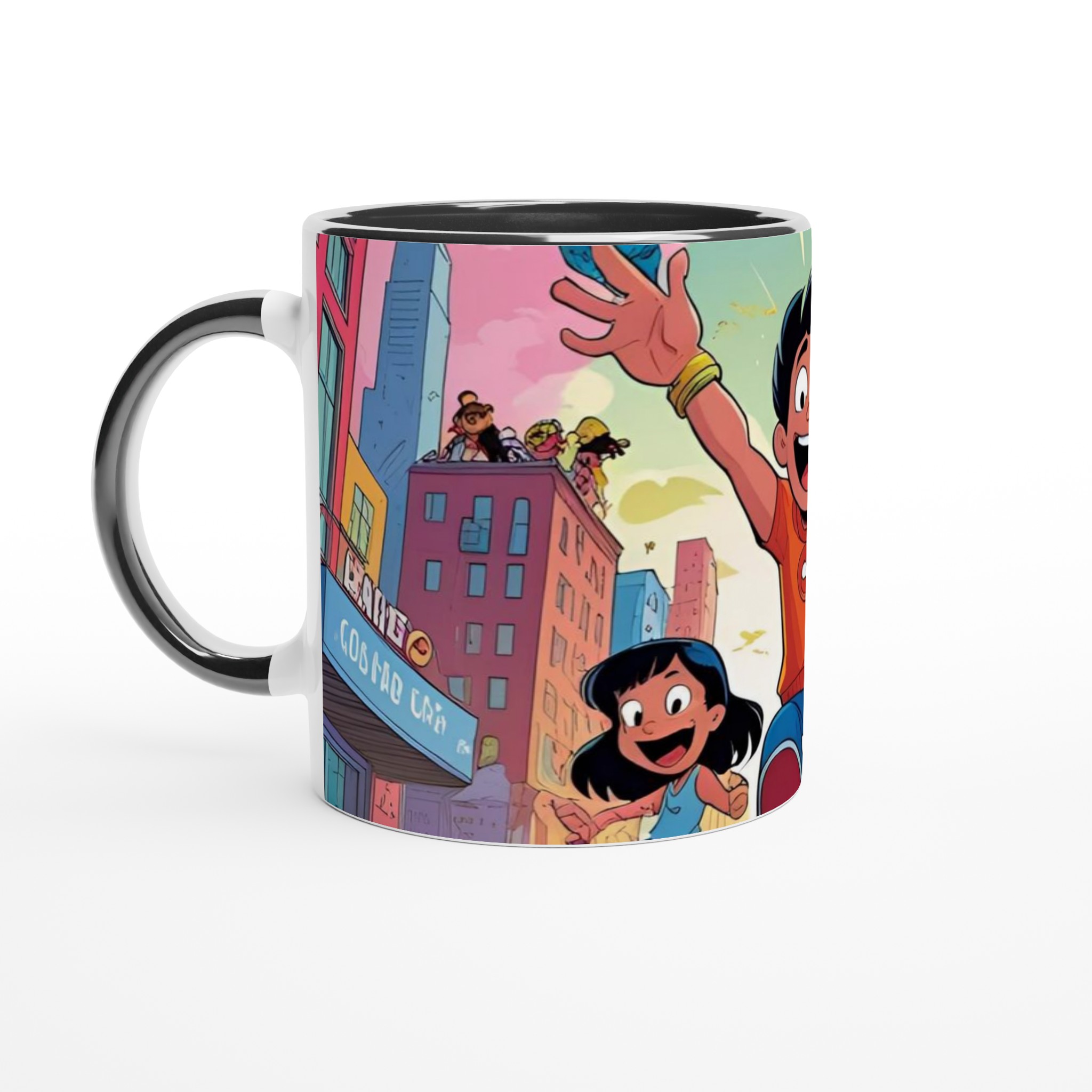 Vit 11oz keramisk mugg med livfulla, lekfulla stadsäventyr – välj din favoritfärg 4 9d2ca42e-4ead-4e3d-bf31-bc63c8c1ddad
