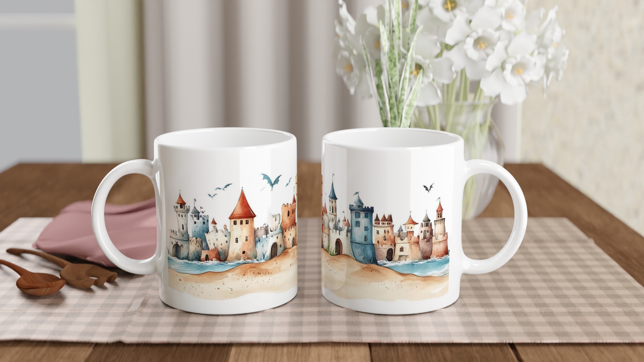 Fantasy Sand Castle Keramisk Mugg – Drömlikt Akvarelltryck med Slott och Drakar, Perfekt för Äventyrslystna 10 9e42ca42-c72b-43b6-993e-319f3a474e29
