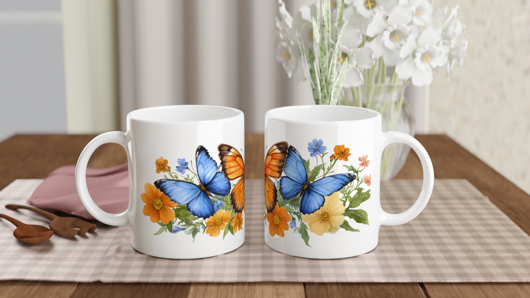 Fjärilsparadis 11oz Keramikmugg – Vackra Blå & Orange Fjärilar bland Blommor 10 9eb74339-6ec5-42a0-a0b0-8d610cdea41e