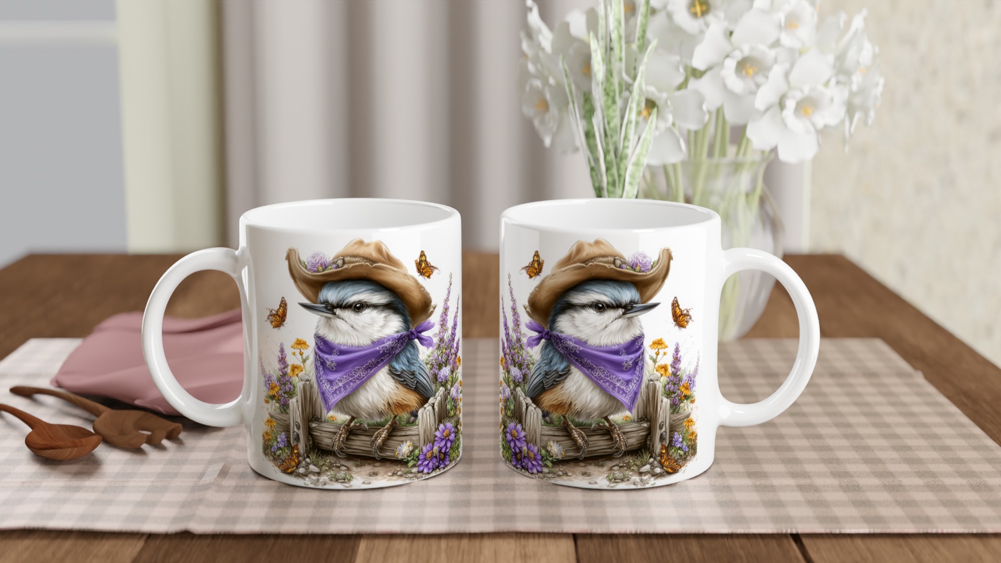 Vit 11oz keramisk mugg med charmig fågel i cowboyhatt – välj bland sju dekorativa färger 10 9fa2366d-39dd-4941-a23c-17b6197e947a