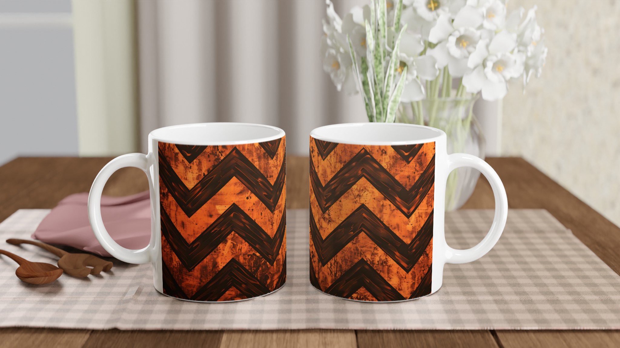 Vit 11oz keramisk mugg med djärvt orange och svart zigzagmönster – välj mellan sju levande färger 11 9fa5320d-3a01-4994-a6a8-2a2ae417bc42
