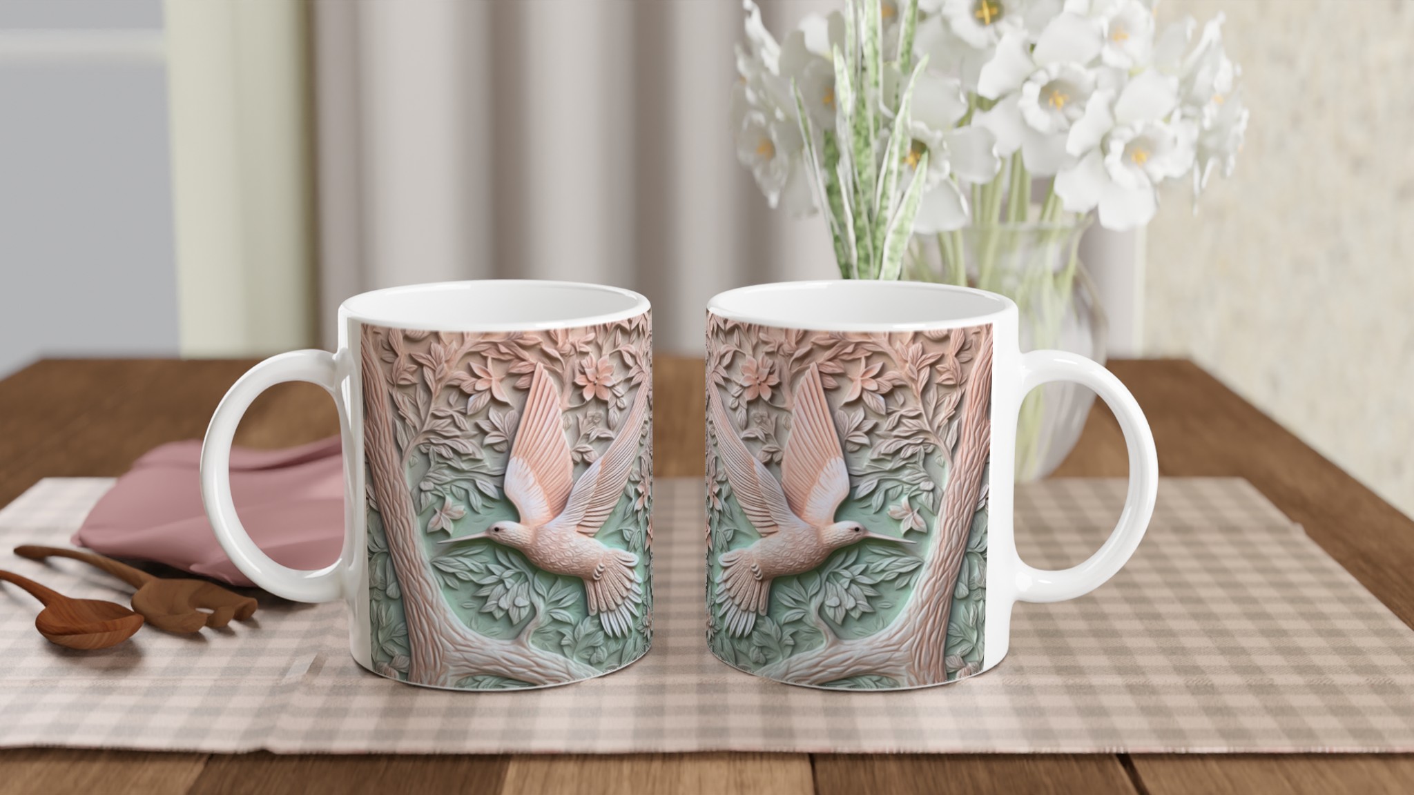 Vit 11oz keramisk mugg med elegant kolibri- och blommönster i mjuka pastellnyanser 10 a1781d1a-7593-4dae-a3a3-6443a9d3f17d