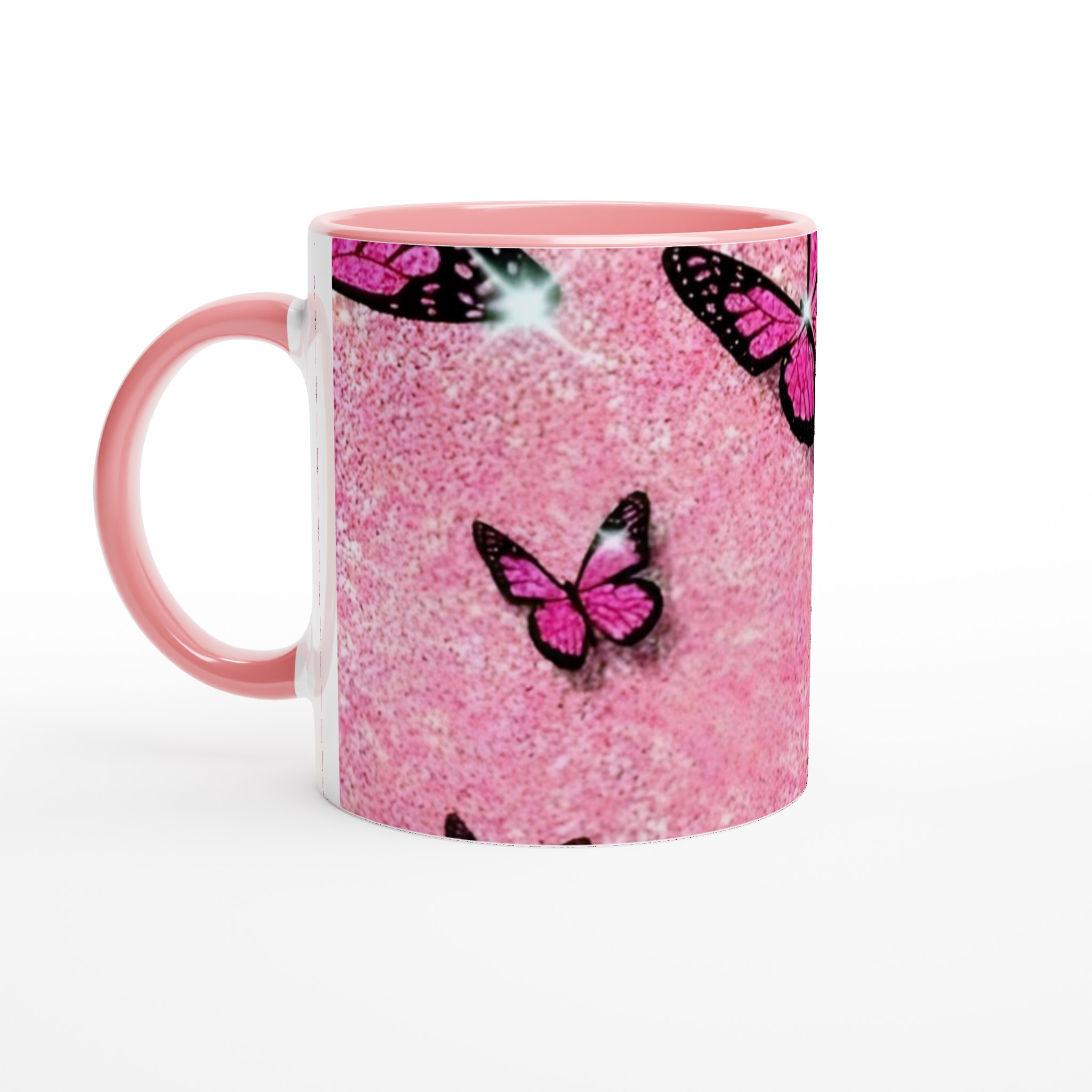 Vit 11oz keramisk mugg med glänsande rosa fjärilsmotiv – välj din favoritfärg 6 a18ae25e-41fc-420f-ab92-9e26b48217be