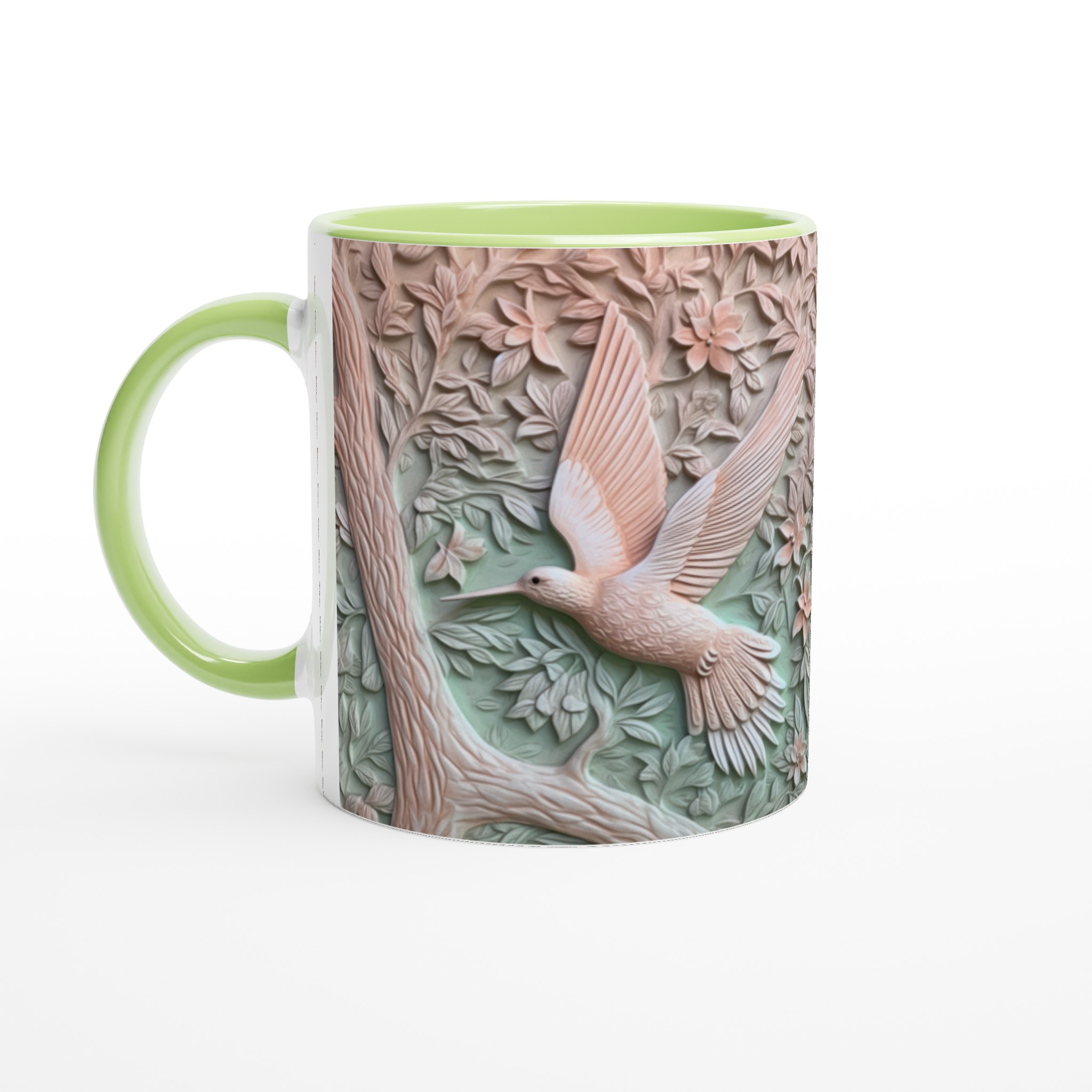 Vit 11oz keramisk mugg med elegant kolibri- och blommönster i mjuka pastellnyanser 7 a1939587-36a4-406a-83f3-e3f818f6030f