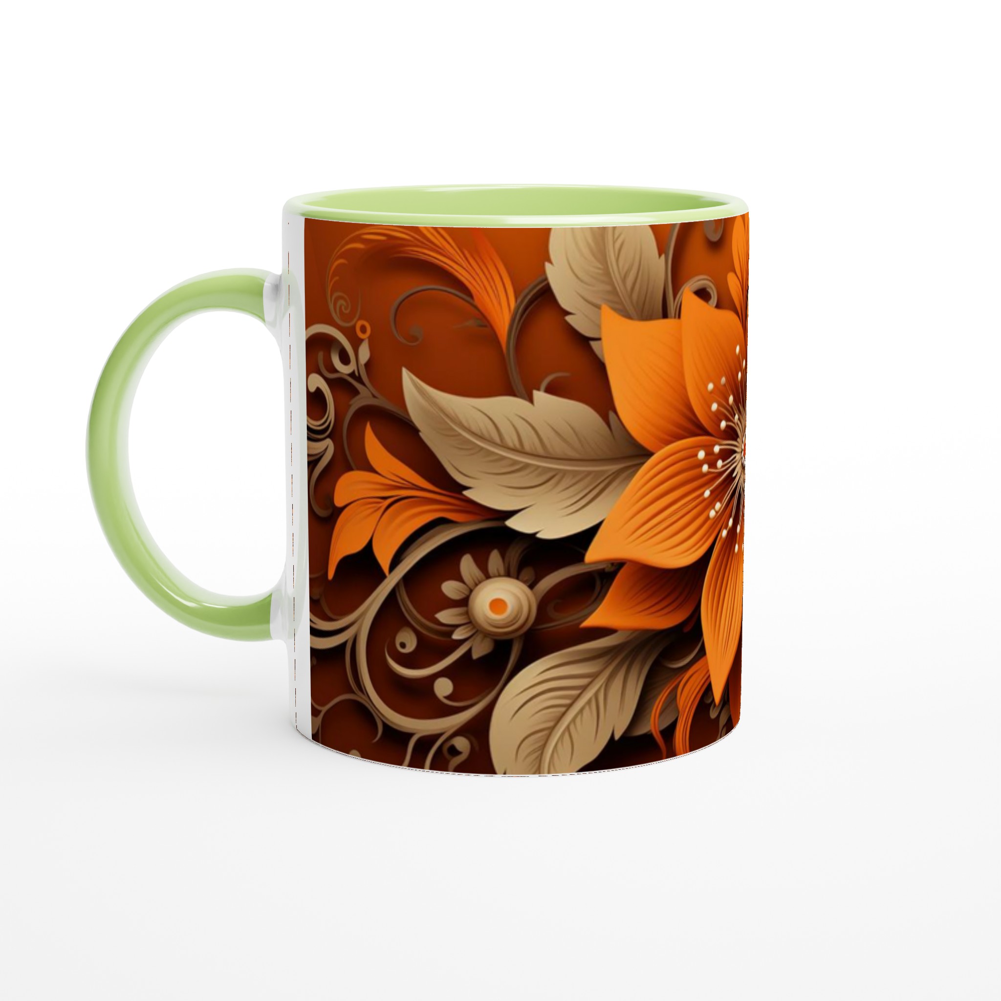 Vit 11oz keramisk mugg med sofistikerat blomstertryck i varm orange och beige 7 a19e4fa1-2306-42b0-9a0a-a20cd33d54fb
