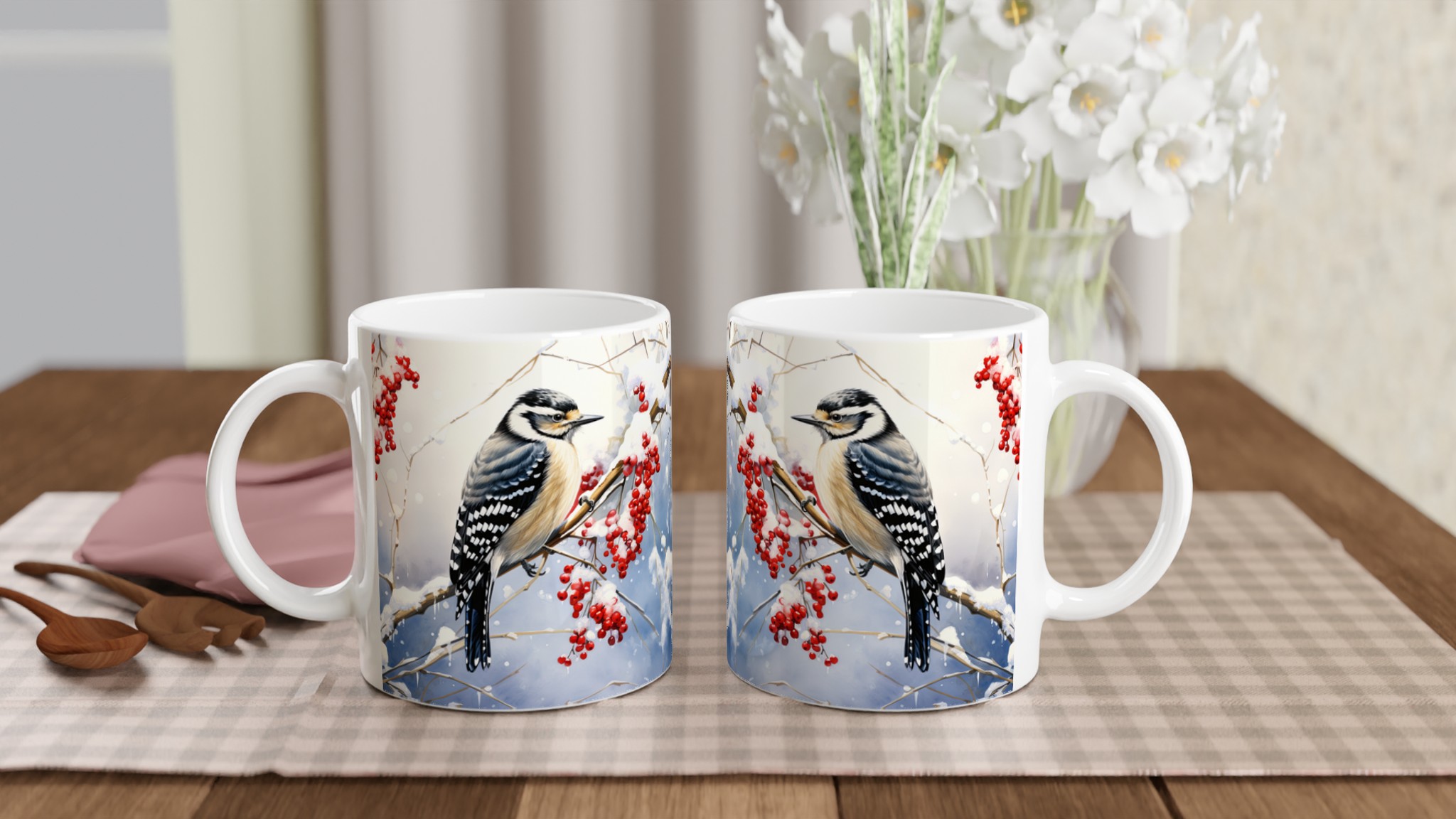 Vit 11oz keramisk mugg med vinterfågelmotiv – välj bland sju livfulla keramikkulörer 10 a1ad6408-d6b5-4f48-bcb8-76161026aa07
