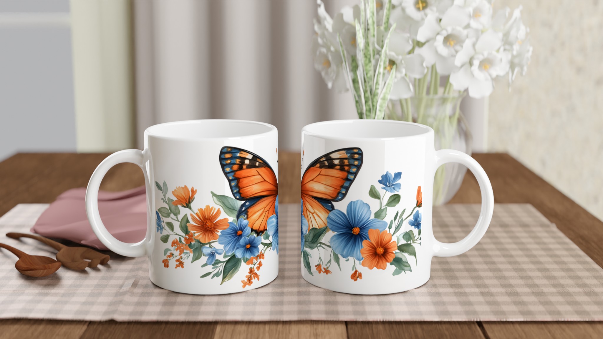 Fjärilsdröm Keramikmugg - Livfull Akvarelldesign med Blå & Orange Blommor – Välj Bland 7 Färger! 10 a1bed35d-2407-40e1-9ca7-0fe38ad5b830