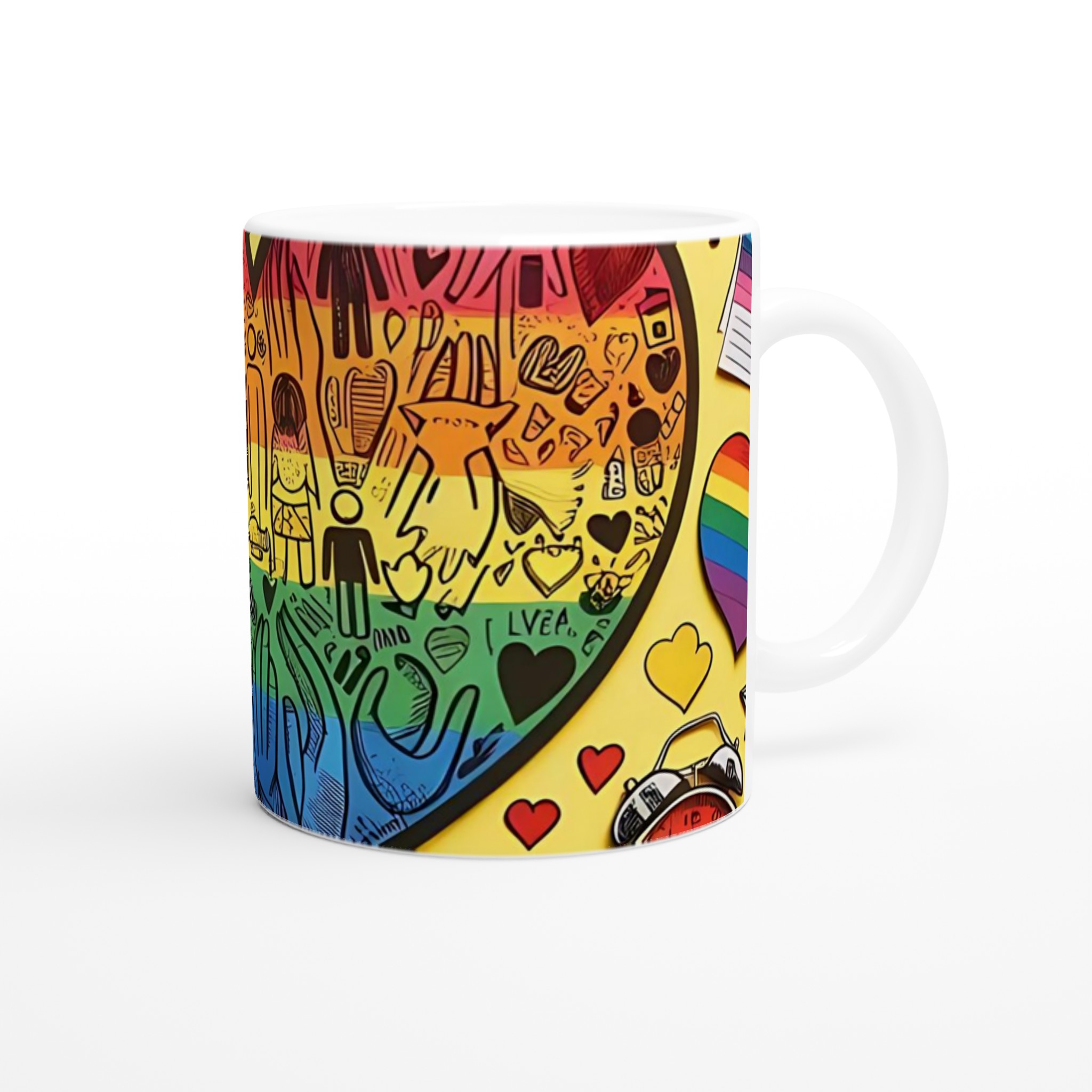 Vit 11oz keramisk mugg med färgglad PRIDE-hjärtdesign – välj bland sju livfulla keramiska färger 9 a265e744-4fc0-43b9-8261-10d7b5f4b2a9