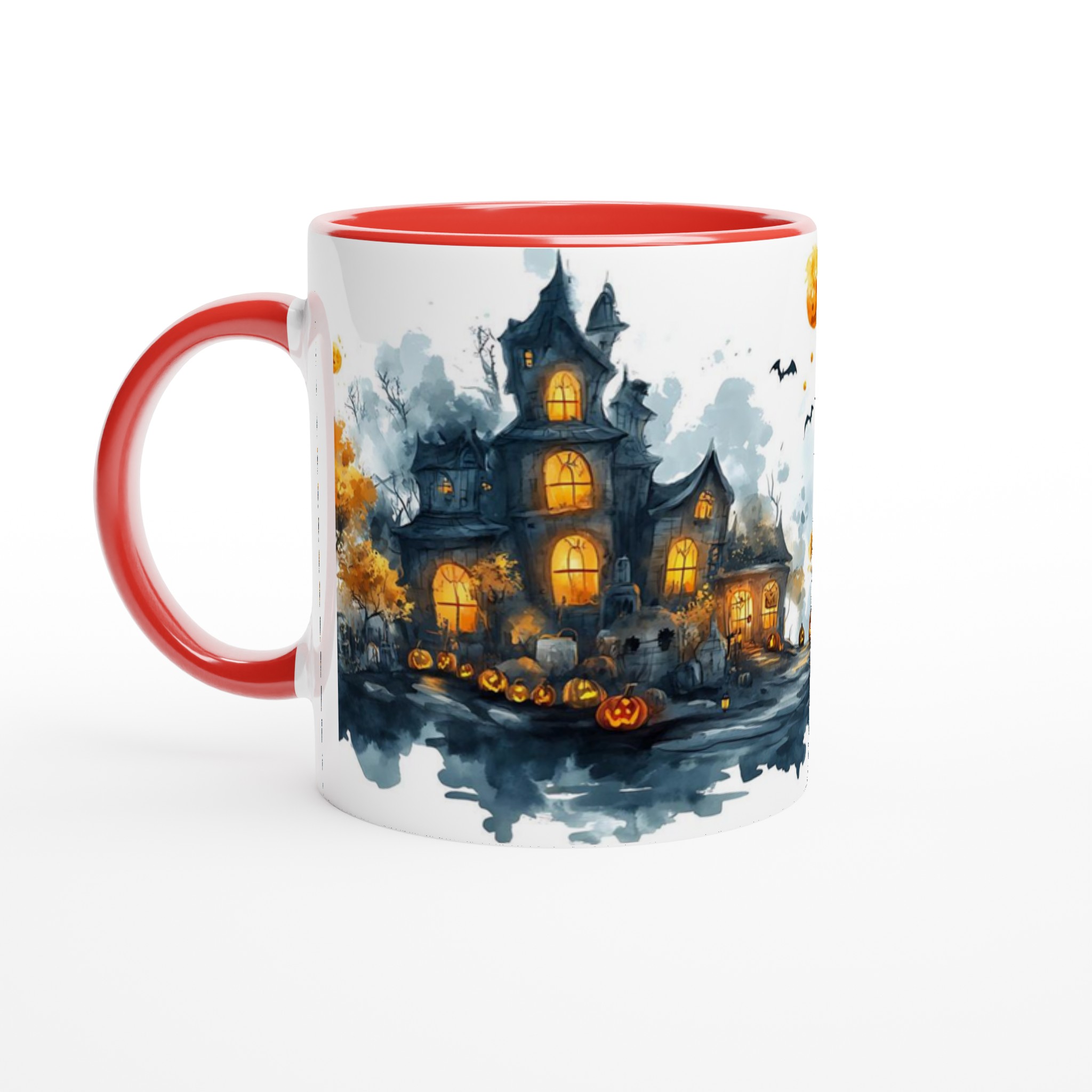Spooky Halloween Haunted House Mugg - Akvarellstil med Lysande Pumpor och Fladdermöss 5 a271fe32-461d-4c87-8152-288ecfb92955