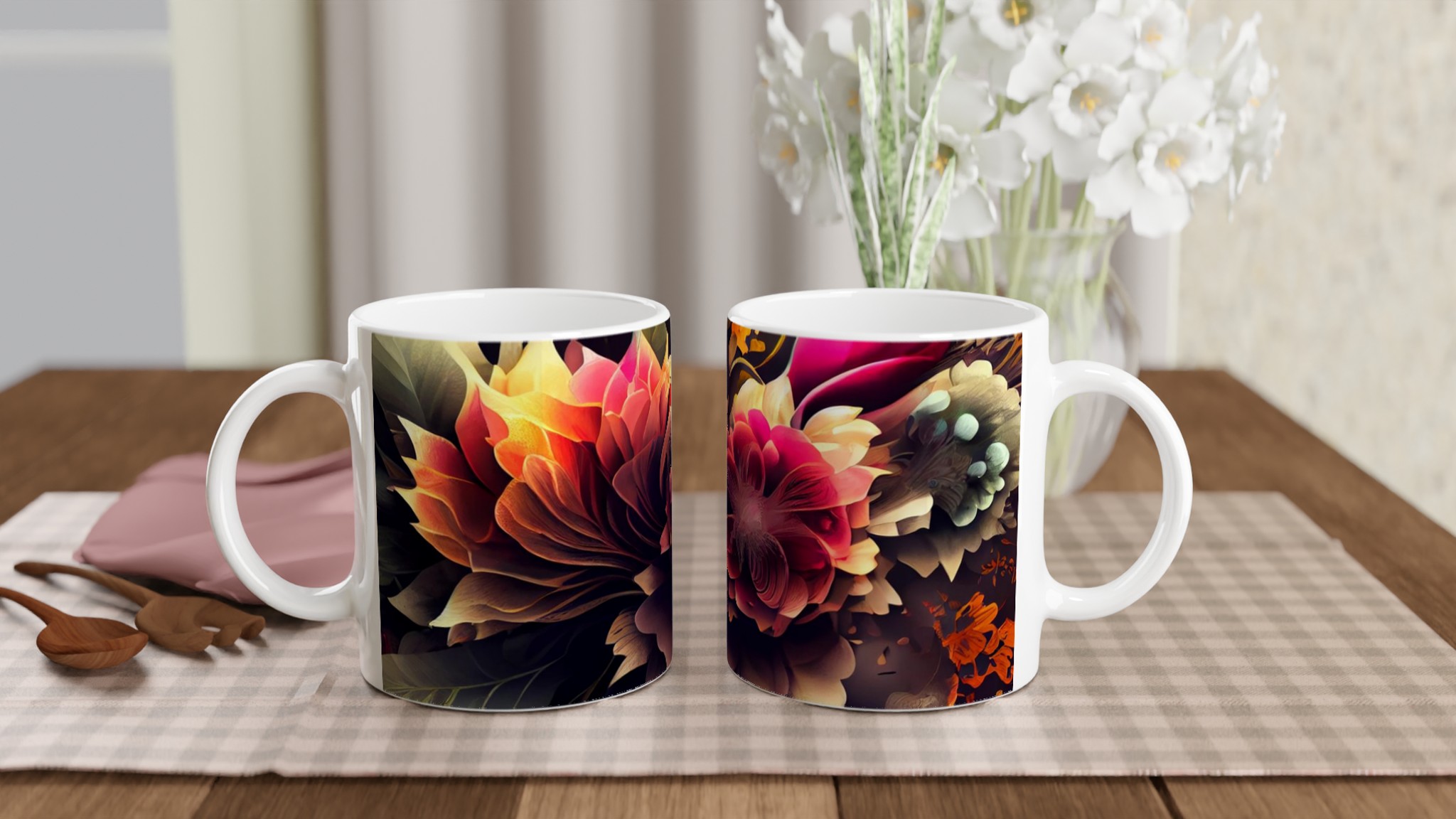 Vit 11oz keramisk mugg med blomstrande konst – välj din favoritfärg 10 a2b8b5c5-0141-4e3c-8edf-c6f5c600b66a