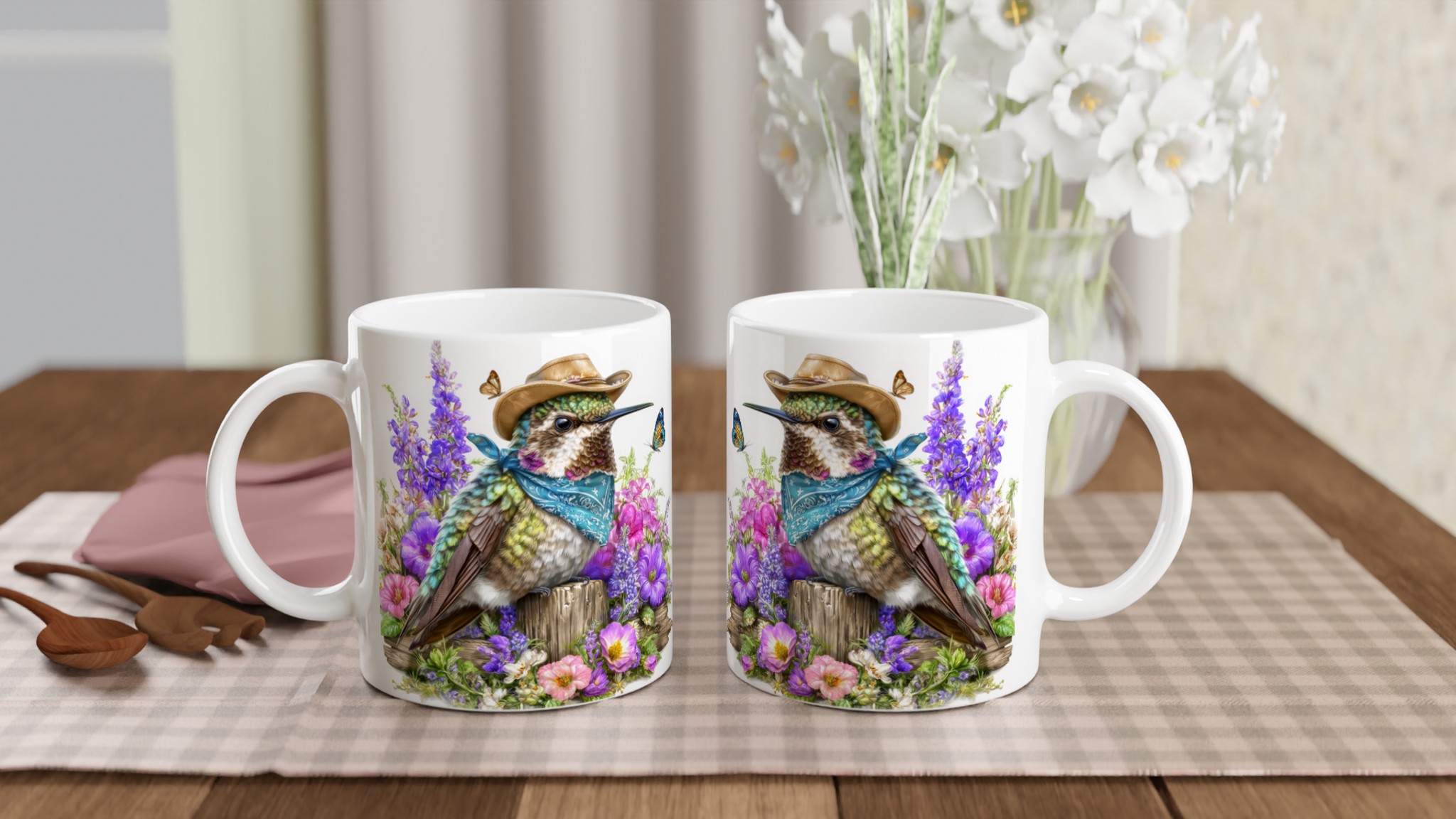 Vit 11oz keramisk mugg med färgstark kolibri i cowboyhatt – välj bland sju livfulla keramikkulörer 10 a357bebd-e8a0-4111-8b98-30e3aae523ba