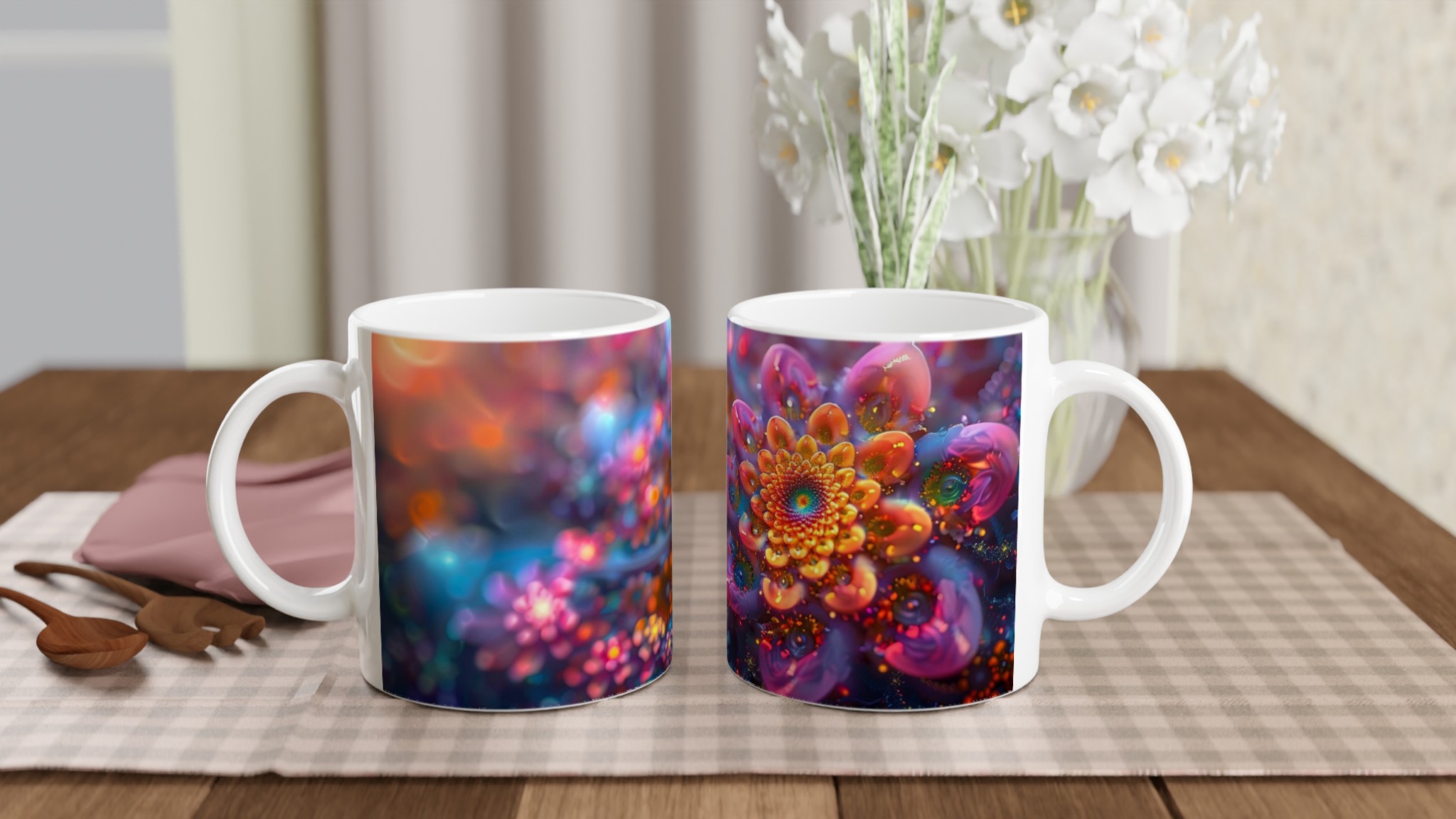 Kosmisk Blomstermugg – 11oz Keramikmugg med Hypnotisk Fraktaldesign i Livfulla Nyanser 10 a378a46b-c128-41fe-a774-6a3411af1083