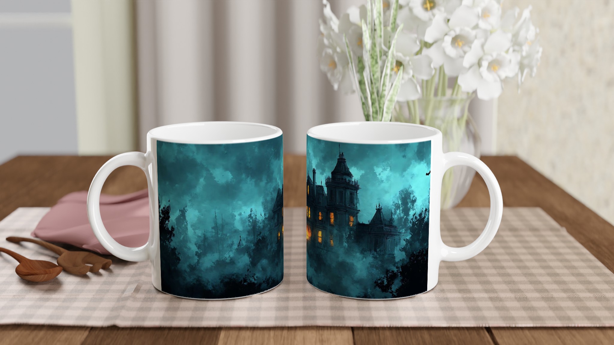 Mystisk Mörk Magi Mugg – Tealblå Spökhusdesign på 11oz Keramikmugg 10 a426f00f-08d5-4d76-bffe-ed36a72abbe9