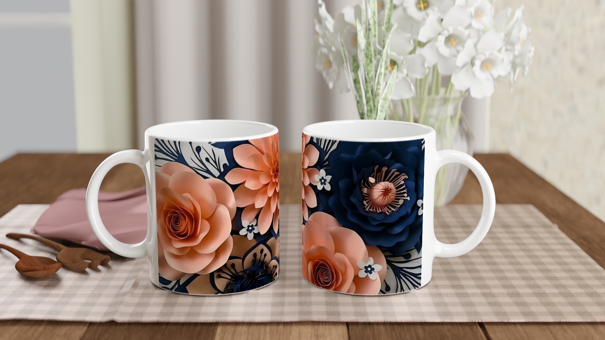 Vit 11oz keramisk mugg med elegant rosa och mörkblå blomdesign – välj din favoritfärg 10 a43b2dd6-39fe-4251-b396-dcc1dc6537d4