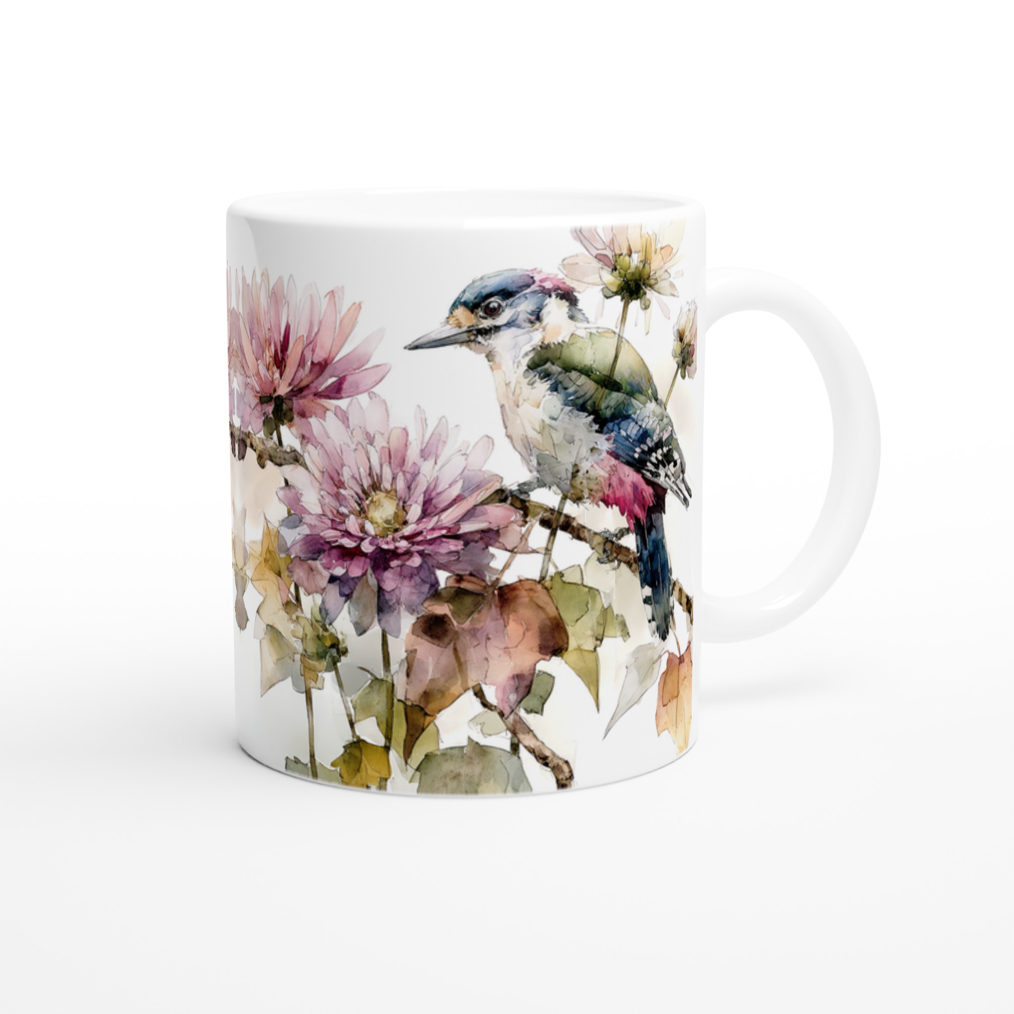Vit 11oz keramisk mugg med akvarellinspirerat fågel- och blommotiv i flera vackra färger 9 a467ee5f-514e-4849-8688-7d47b720a090