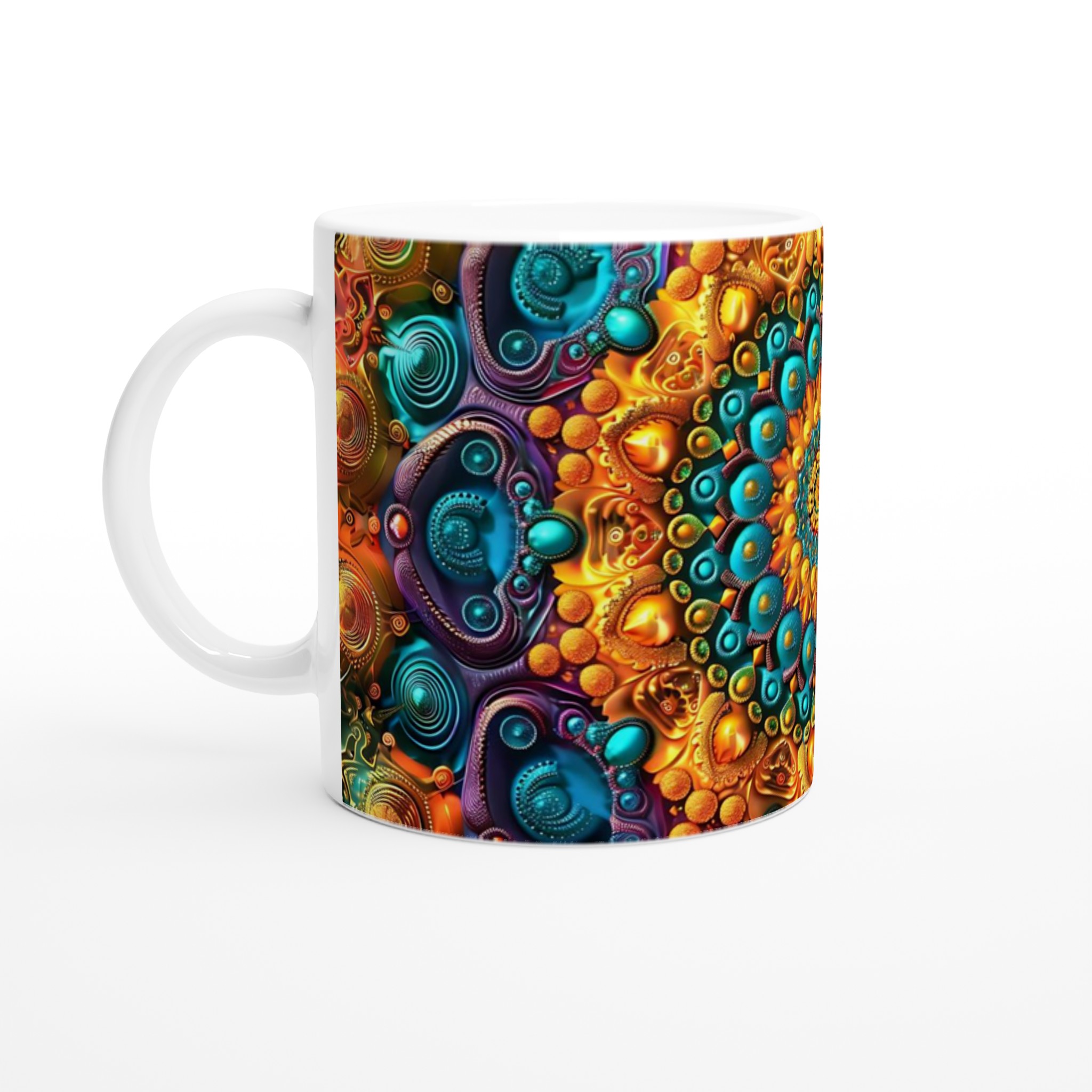 Mångfärgad Hypnotisk Mandala 11oz Keramisk Mugg – Geometrisk Konst i Strålande Guld & Turkos 1 a4a00535-2e25-4191-952e-45672697d659