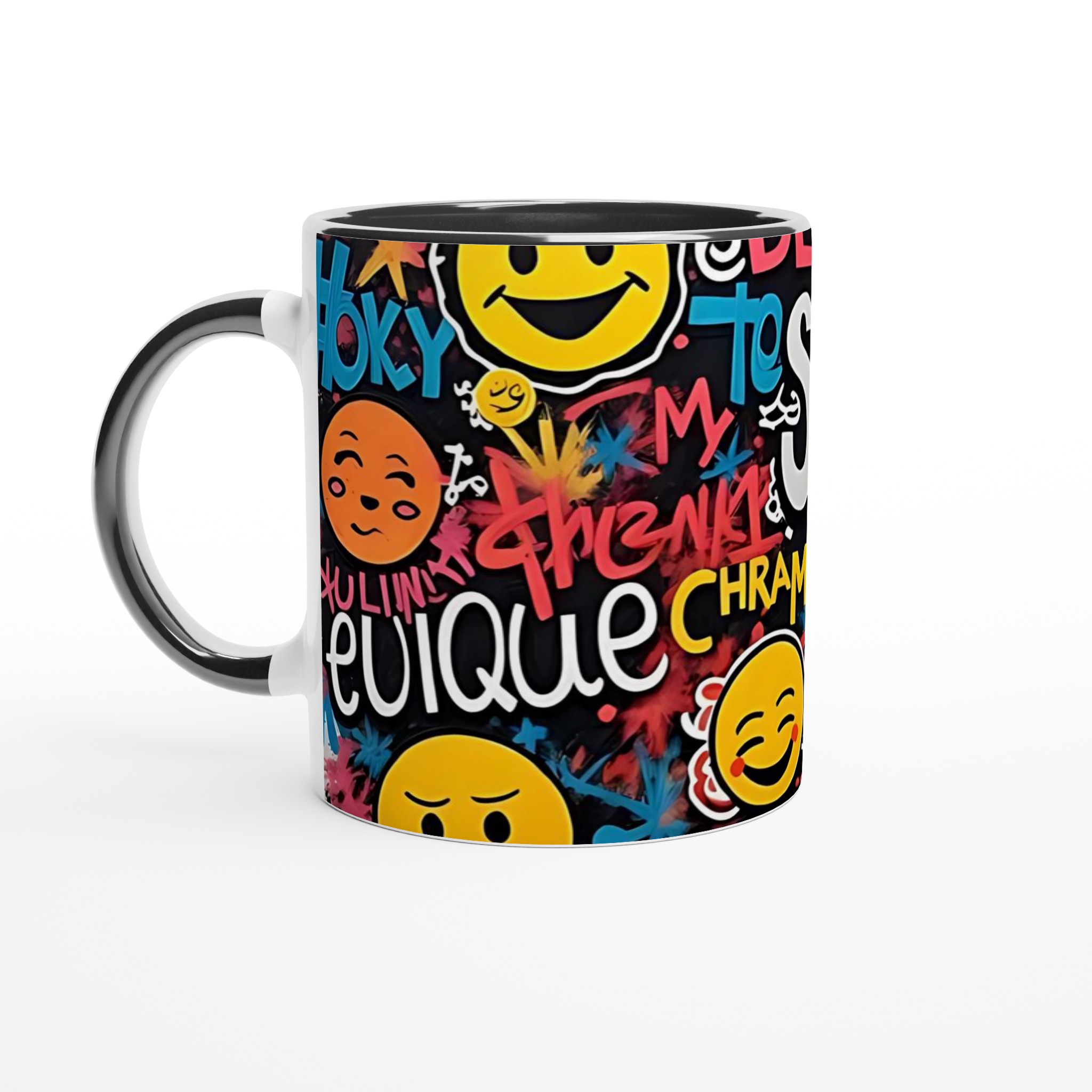 Vit 11oz keramisk mugg med färgstarkt graffiti- och emoji-motiv i flera keramiska färger 4 a4d95398-1243-4a7e-a1a3-e07b64460fbb