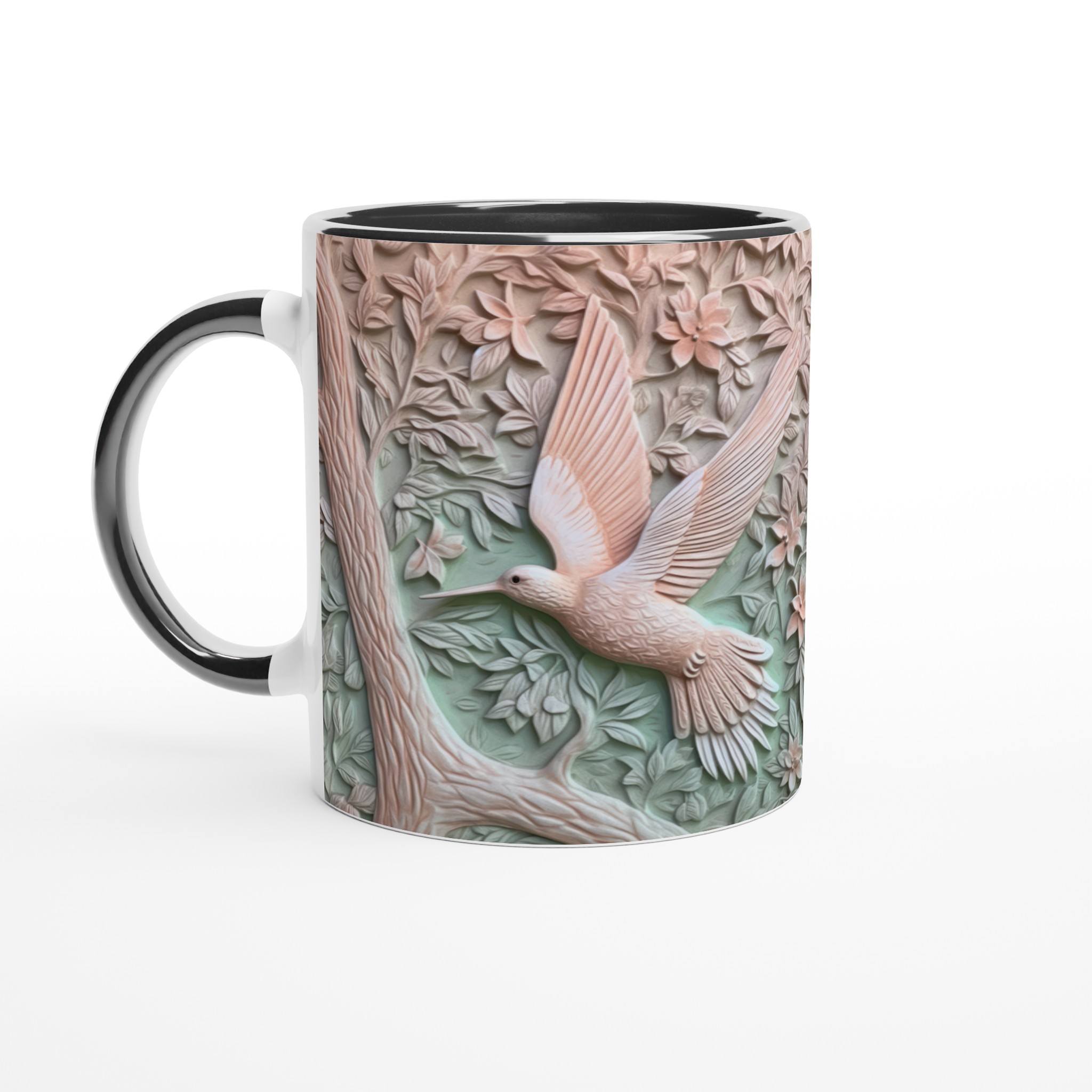 Vit 11oz keramisk mugg med elegant kolibri- och blommönster i mjuka pastellnyanser 4 a4e757f5-bafa-400e-a9f1-5aa74c8736f0