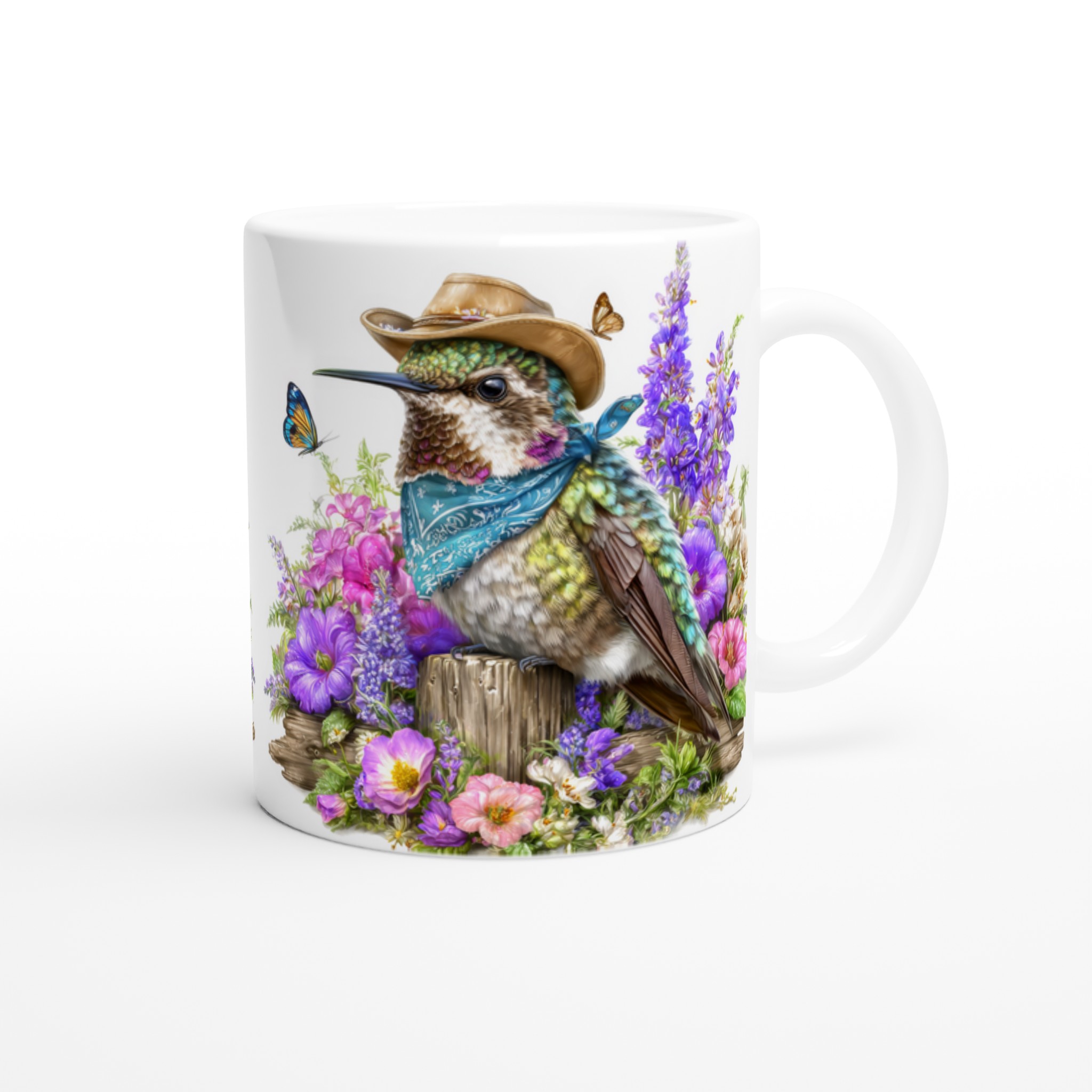 Vit 11oz keramisk mugg med färgstark kolibri i cowboyhatt – välj bland sju livfulla keramikkulörer 9 a606b1c4-520e-4fd3-90c7-e1603a6866e7