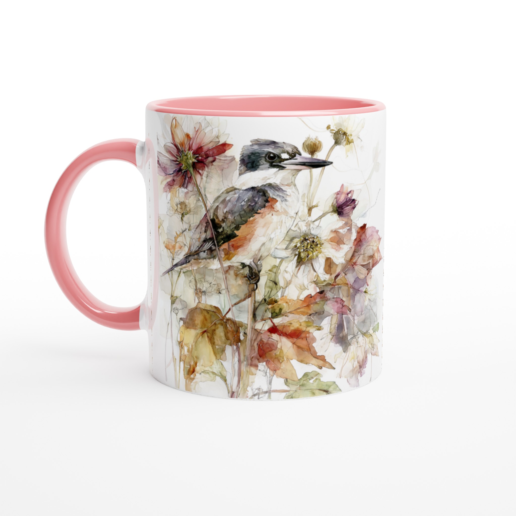 Vit 11oz keramisk mugg med konstnärligt fågelmotiv i mjuka höstnyanser 6 a6d0d826-5aaf-4209-8d03-b34e8439fb13