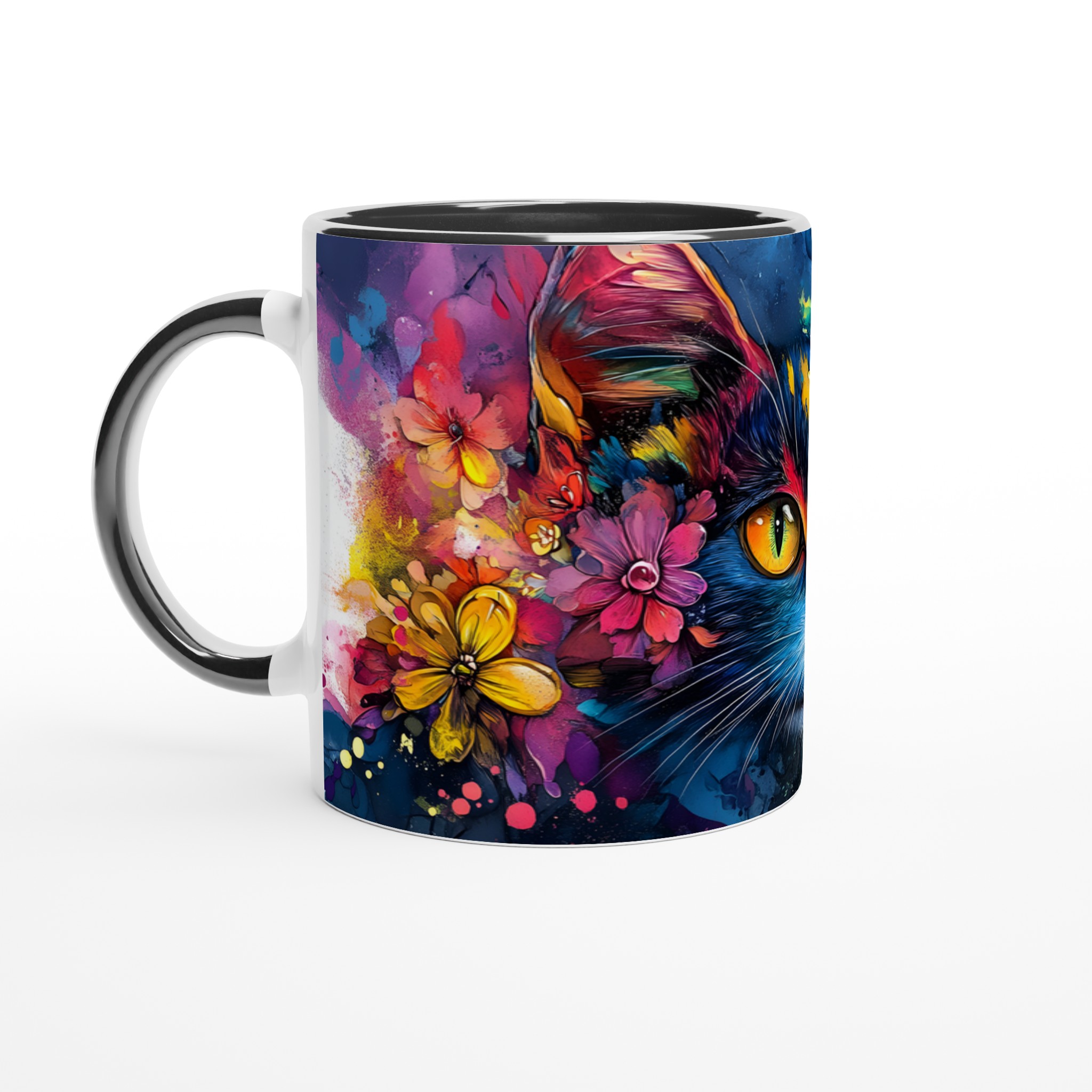 Vit 11oz keramisk mugg med färgstark konstnärlig katt, välj bland sju livfulla keramiska färger 4 a6e529dd-d492-4398-94f6-11b4fdd40b8e