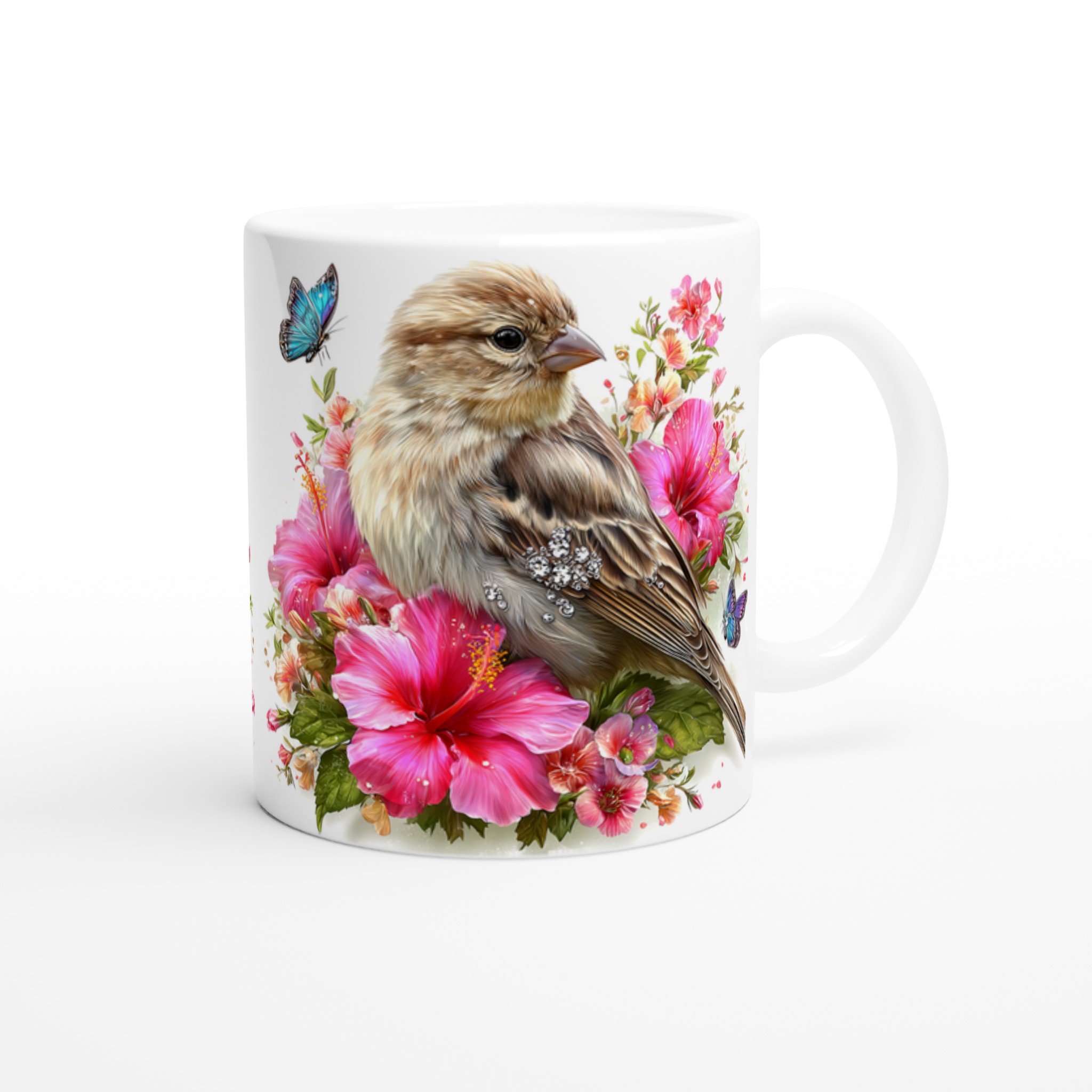 Vit 11oz keramisk mugg med naturinspirerat fågel- och blomstertryck i livfulla färger 9 a7cb366b-165c-4ab2-b770-5990f3297542