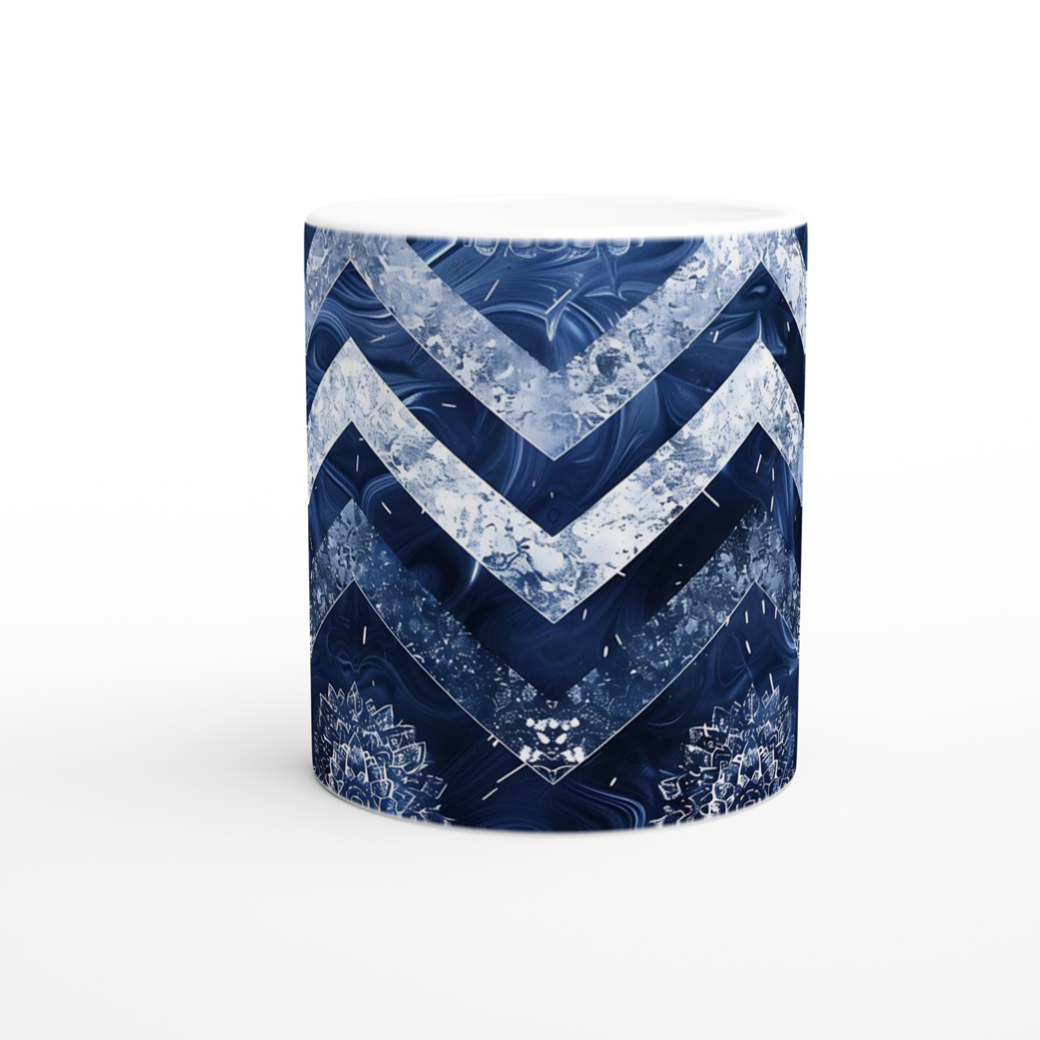 Vit 11oz keramisk mugg med stilren blå zigzag och mandalamönster – välj bland sju färgstarka keramiknyanser 8 a82ea260-9f3f-4b31-936e-65022e6c6fc8