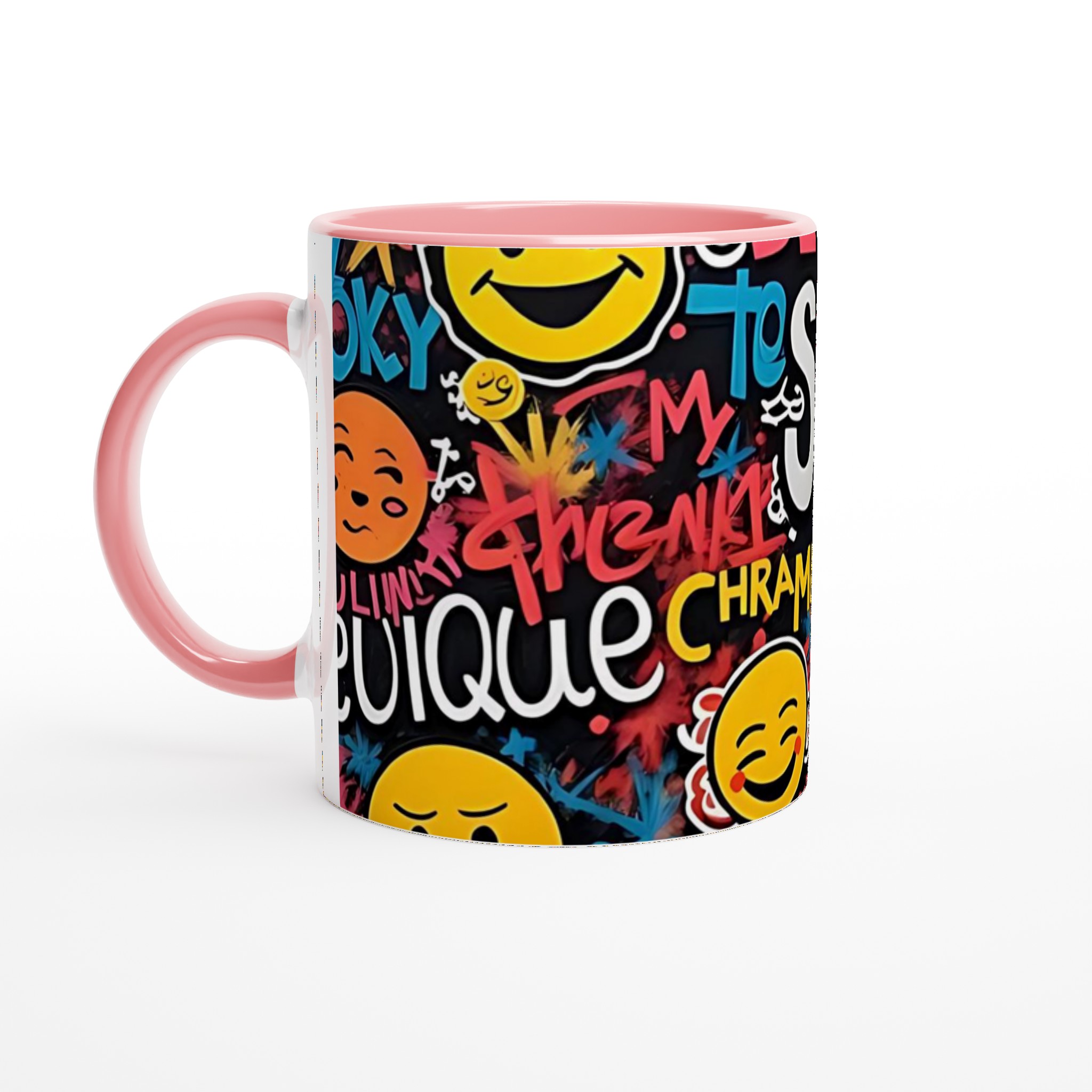 Vit 11oz keramisk mugg med färgstarkt graffiti- och smileymotiv – välj din favoritfärg! 6 a90a2216-1fd1-4365-ac90-59b4bdfc2381