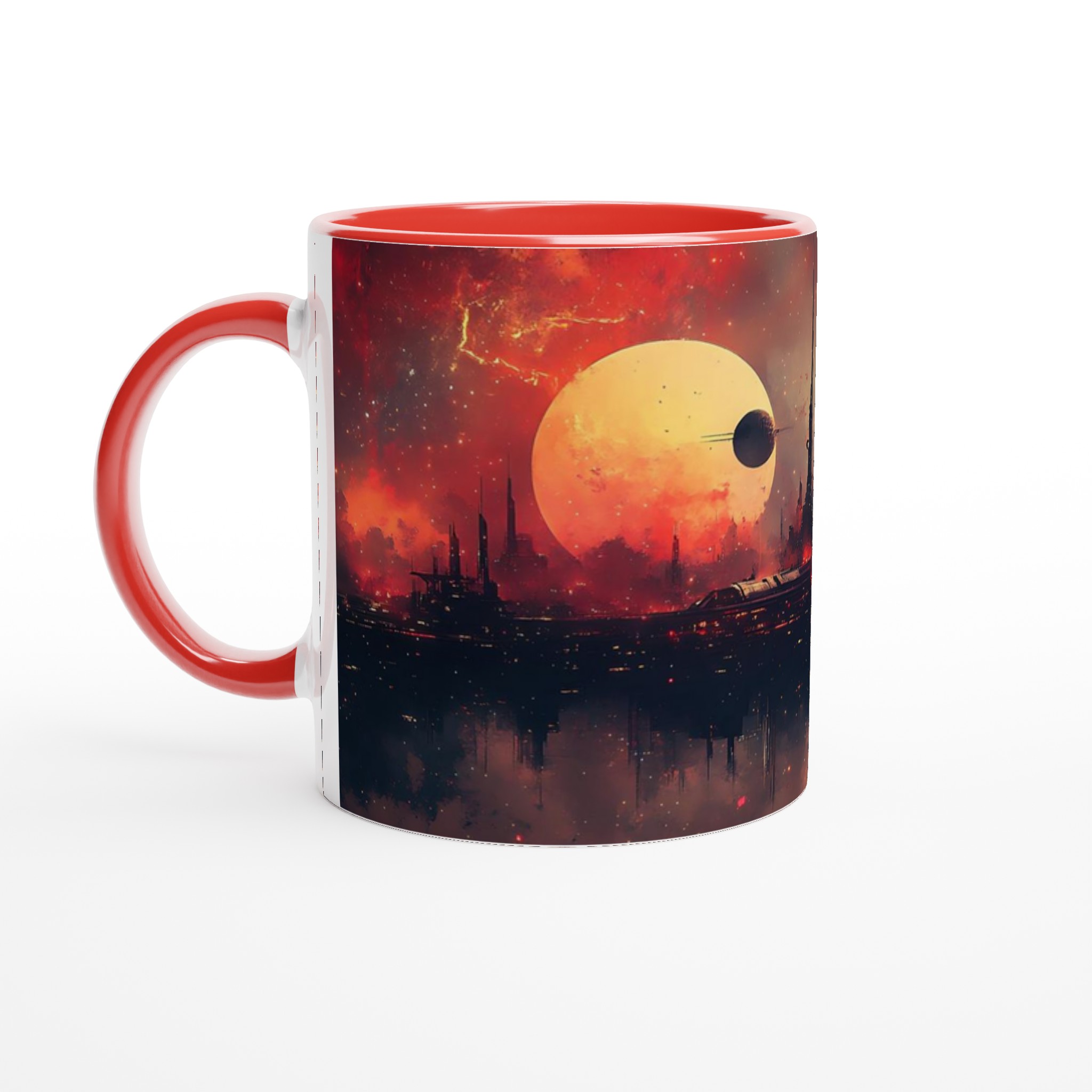 Futuristisk Stadsmugg: Sci-Fi Landskap & Eldig Himmel – 11oz Keramikmugg i Valfri Färg 5 a9932771-304c-4105-986b-e70f61573d62