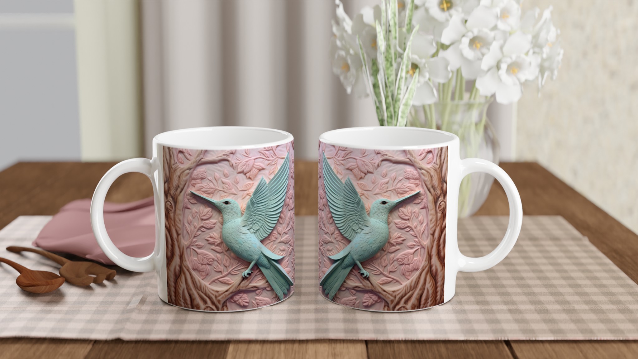 Vit 11oz keramisk mugg med eleganta pastellfåglar – välj bland sju vackra färger 10 a9c008fa-4e10-4b17-b368-876b1fb1d5e9