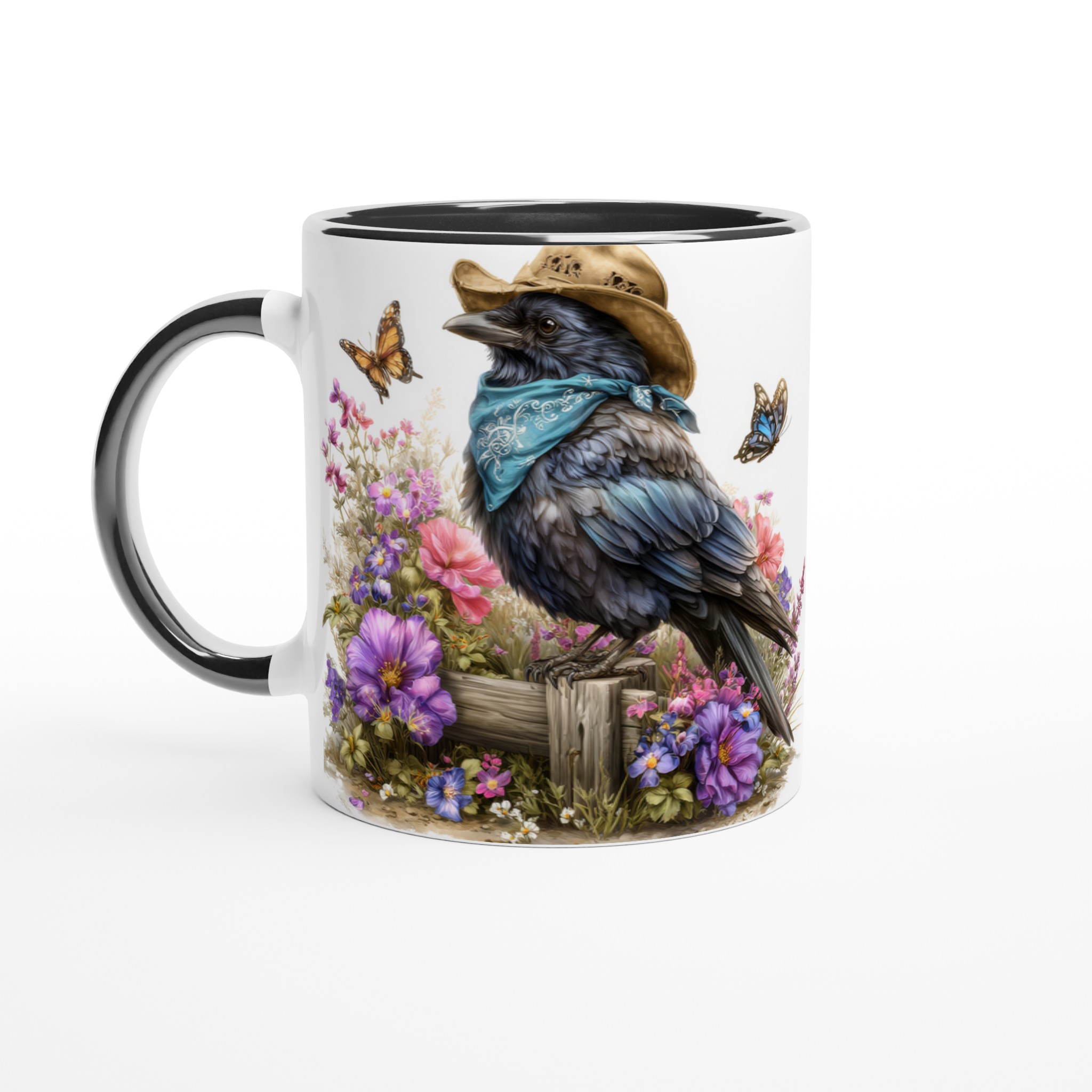 Vit 11oz keramisk mugg med charmig korp i hatt och blomsterprakt – välj din favoritfärg 4 aa66cce2-8d35-4dd1-a1c8-9971000e6338