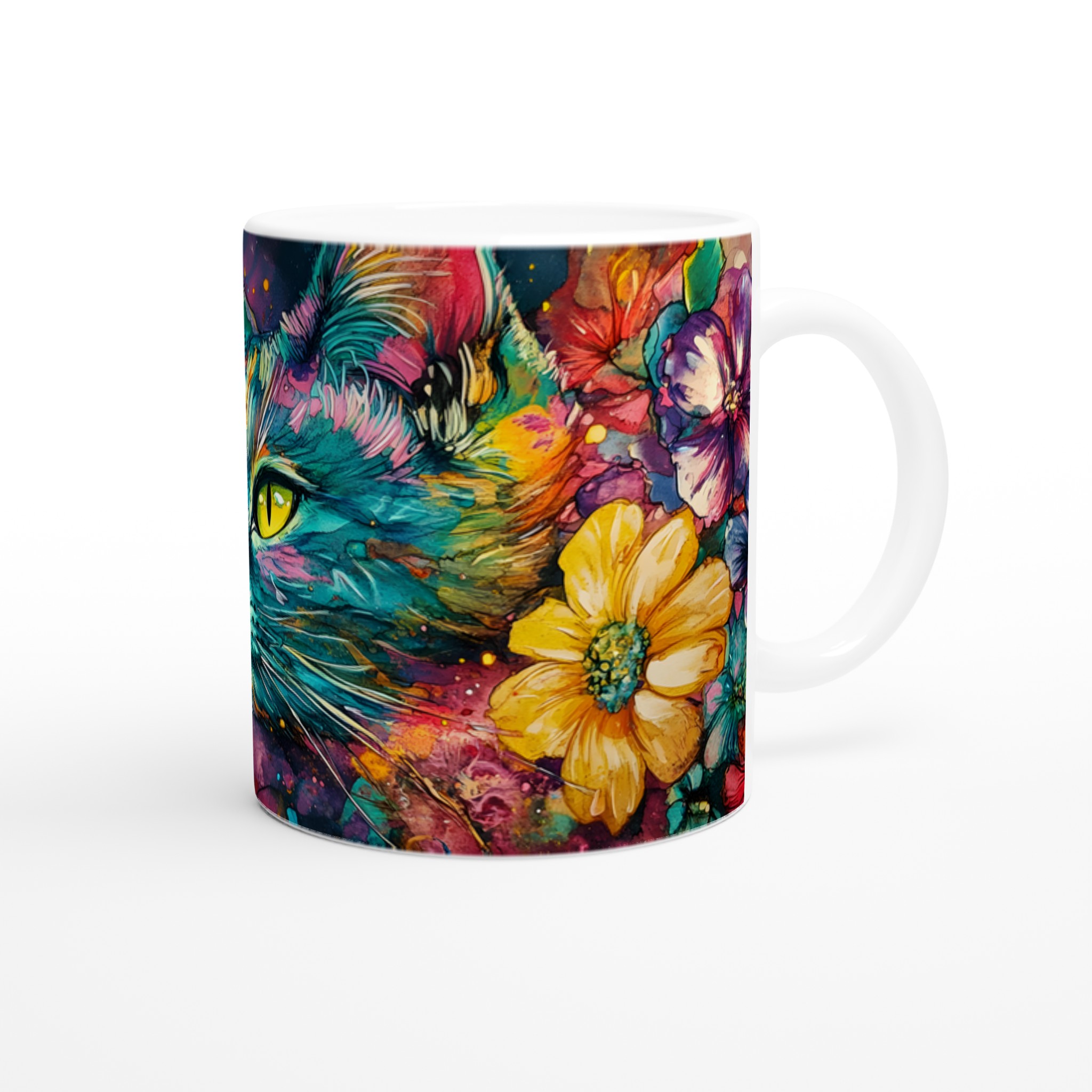 Vit 11oz Keramisk Mugg med Färgstark Katt- och Blomsterdesign i Din Favoritfärg 9 aaa5556a-c5be-4424-8775-11c000dbaa1c