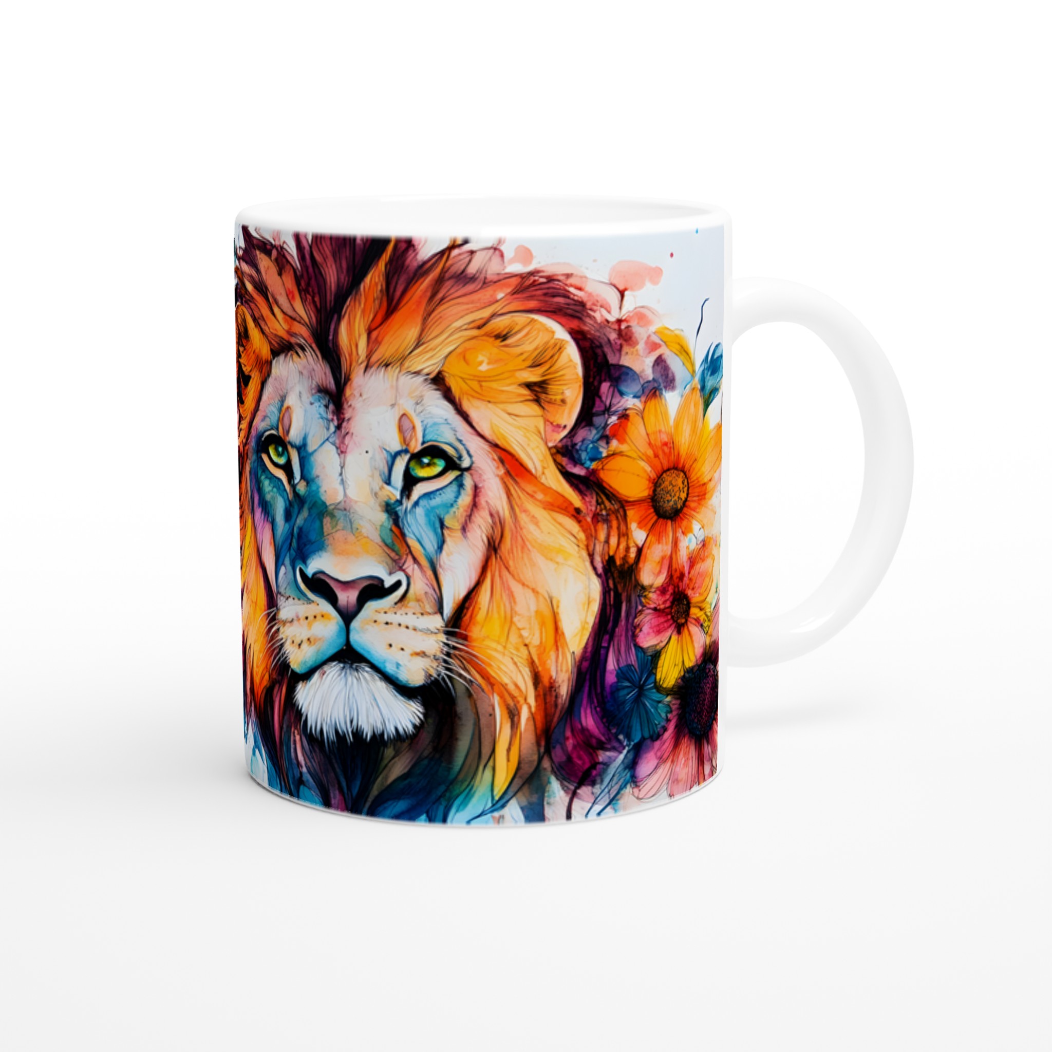 Lejon med Blommor Keramikmugg - Akvarellinspirerad Konst för Kaffeälskare, 11oz i ditt val av 7 färger 9 aace739e-b867-4706-a180-df32af20f7bc