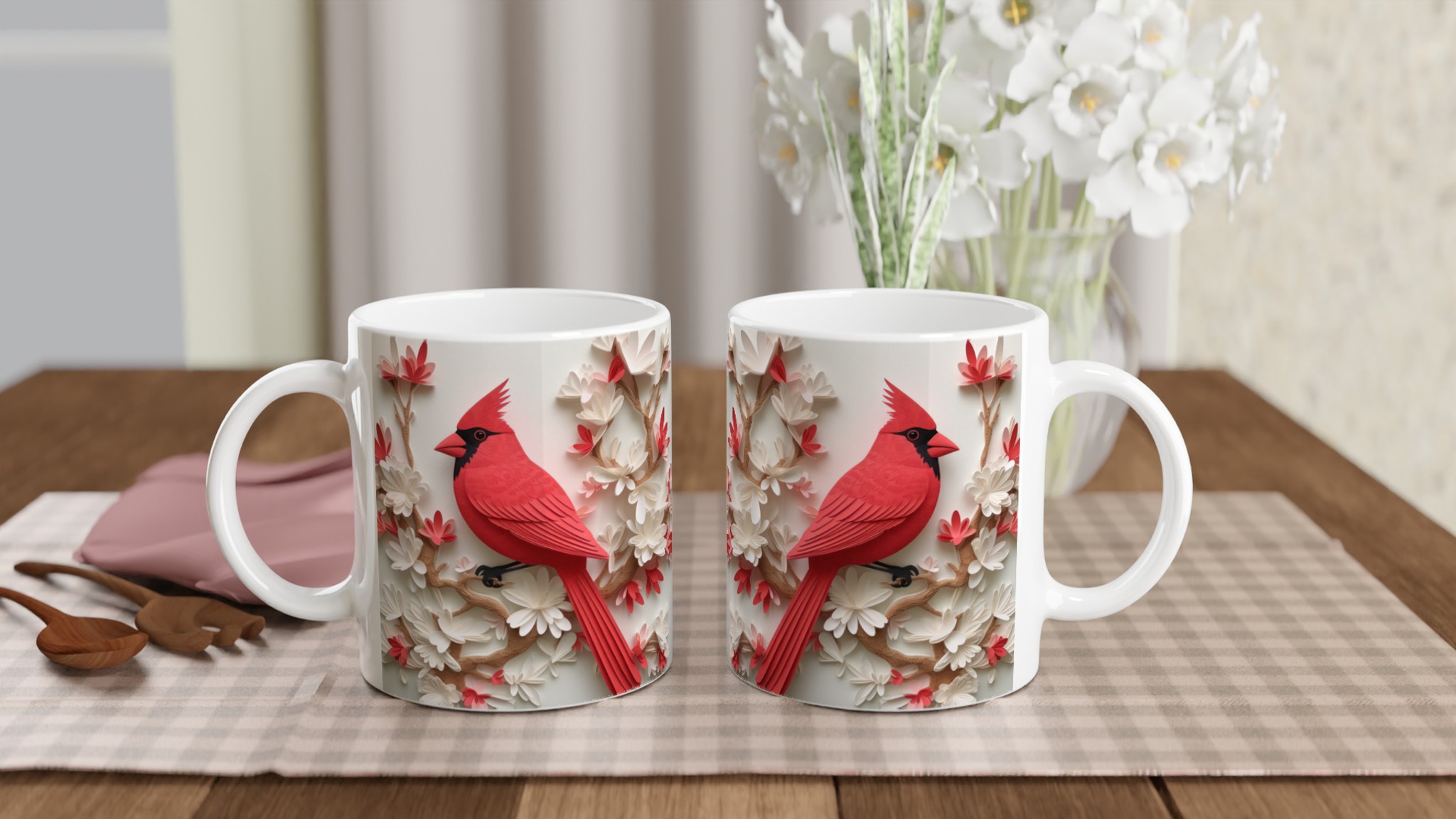 Vit 11oz keramisk mugg med elegant rött kardinalfågelmotiv – välj bland sju färgstarka keramiknyanser 10 aae00127-b1e4-4ebc-b304-10358c463902